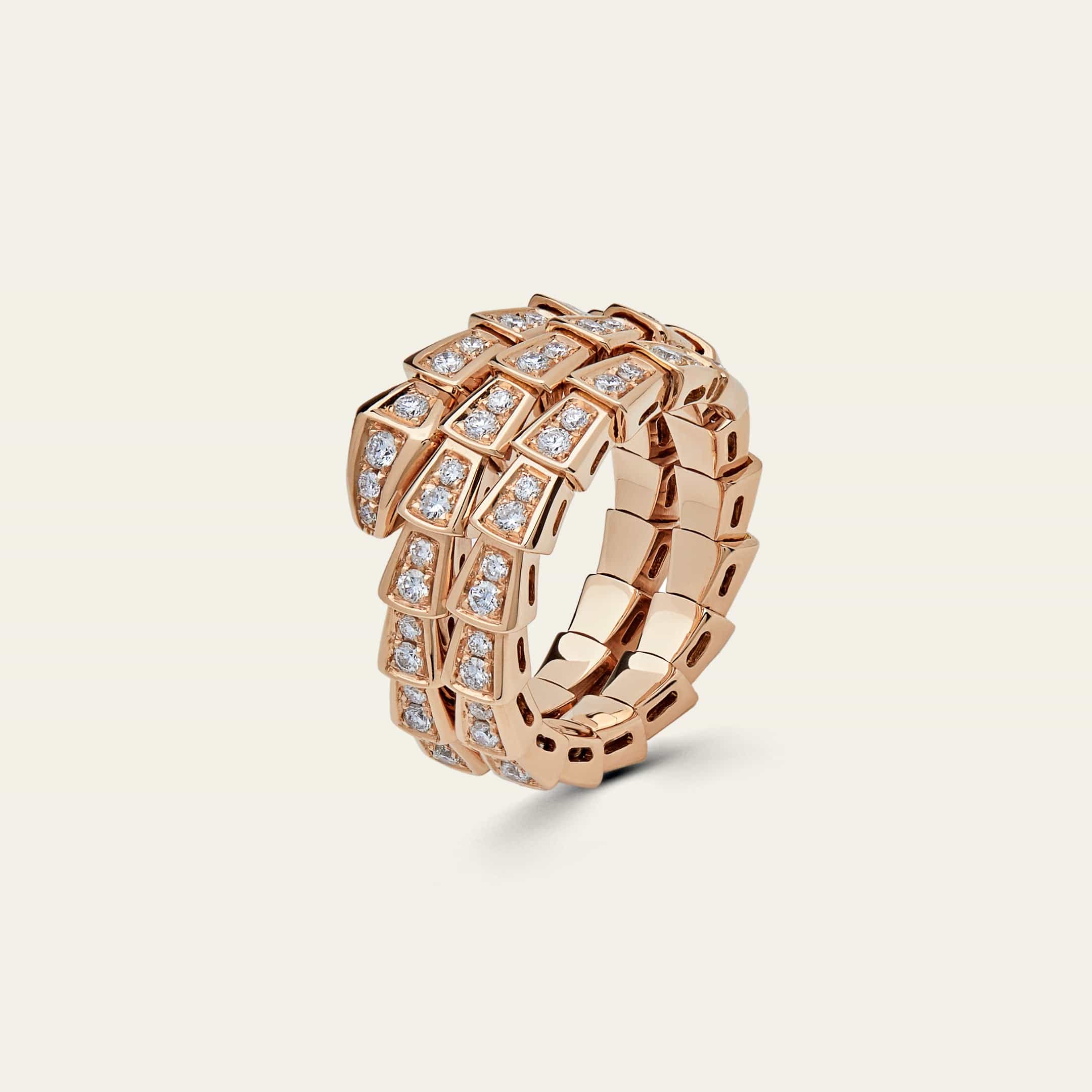 BVLGARI Serpenti Viper Two-Coil Ring Rose Gold Full Pavé Diamonds