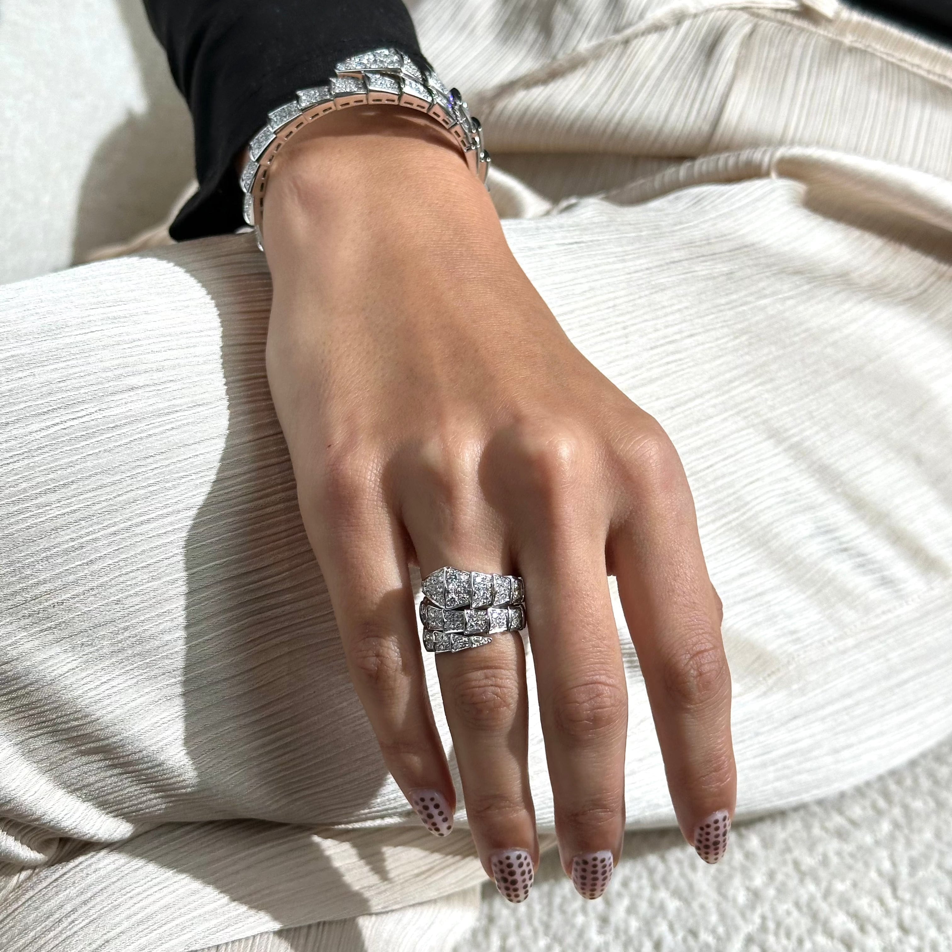 BVLGARI Serpenti Viper Two-Coil Ring White Gold Pavé Diamond 345226