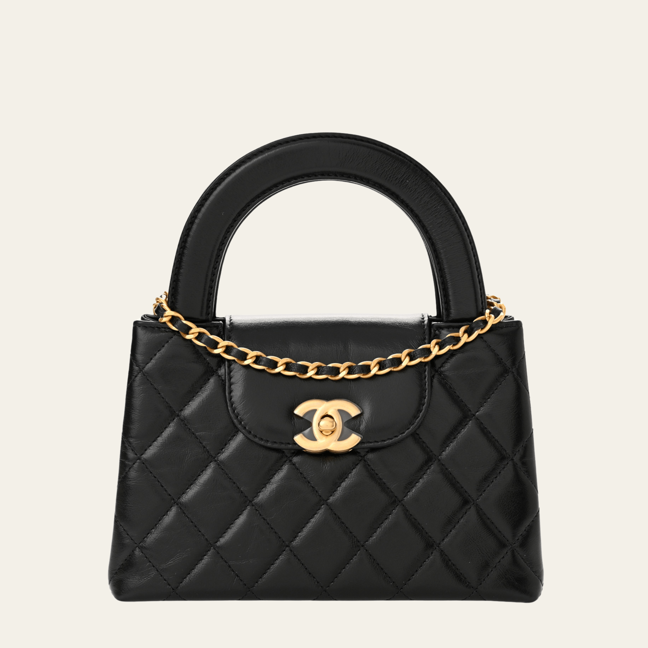 Chanel Nano Kelly Shopper Black Shiny Aged Quilted Calfskin