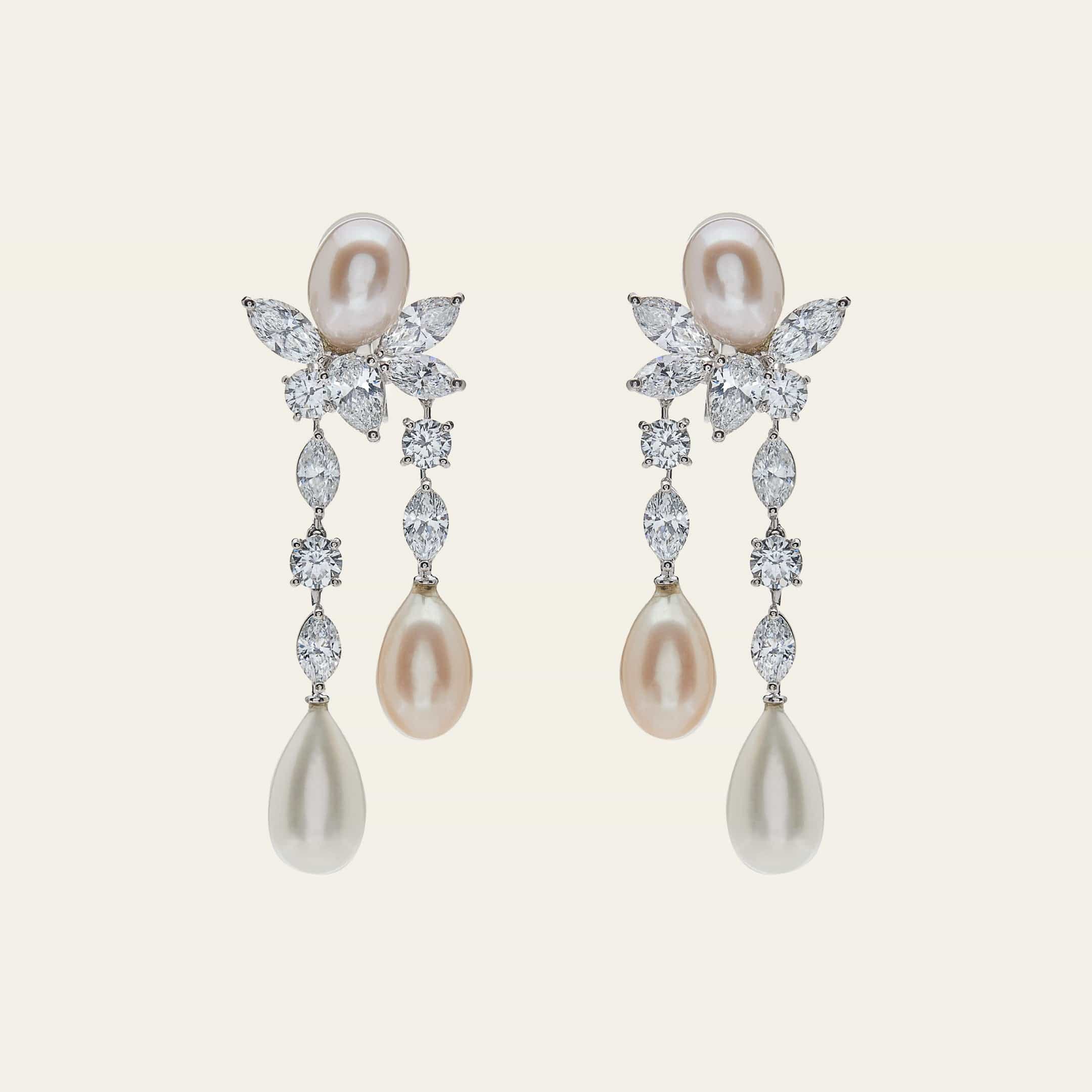 Graff Platinum and White Gold Diamond and Pearl Drop Earrings