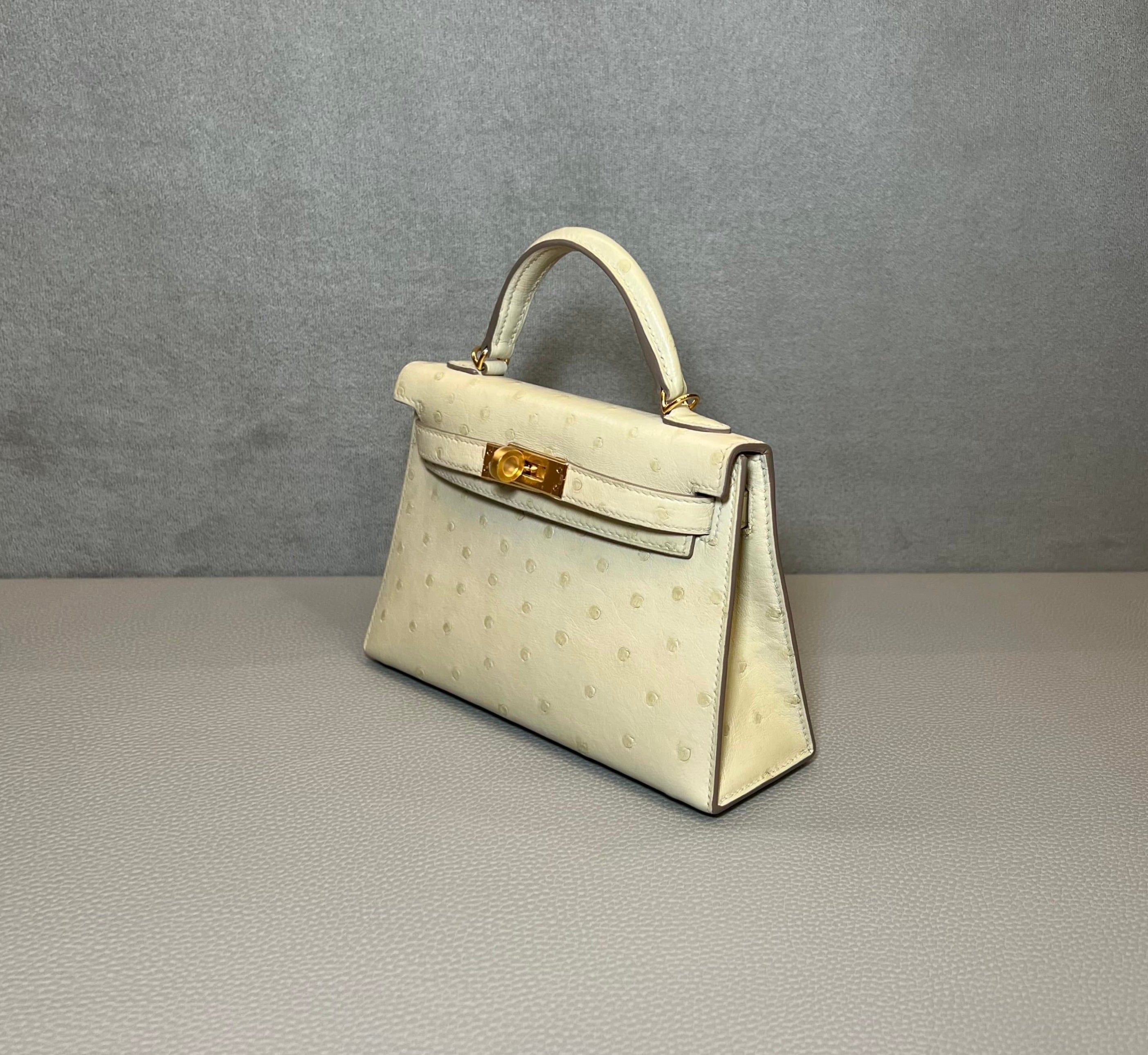 Hermès Beton / Craie Mini Kelly Sellier 20 Ostrich Gold Hardware