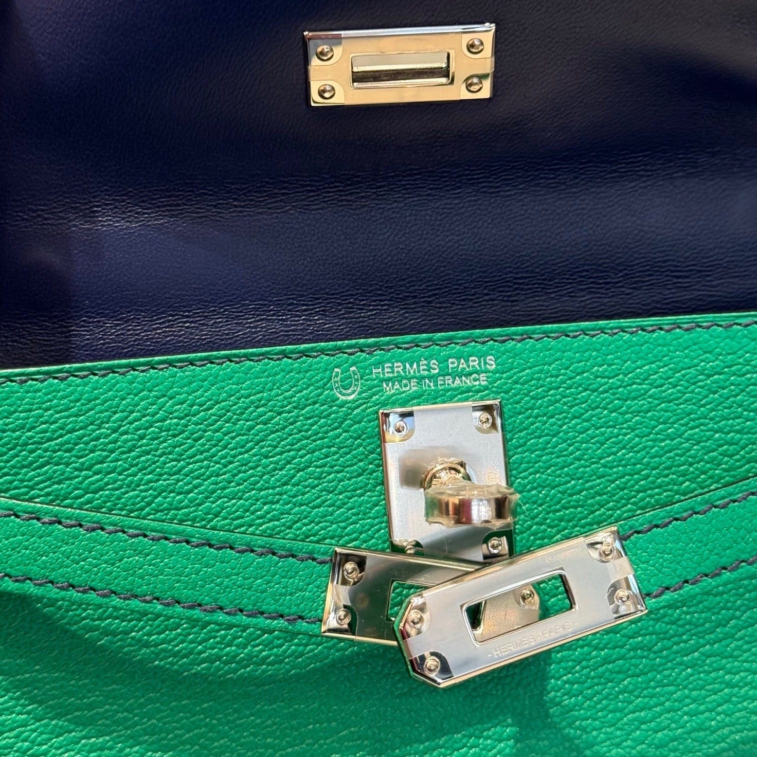Hermès Menthe and Bleu Nuit Mini Kelly Sellier 20 Verso Chèvre Leather Palladium Hardware Hermès Special Order HSS