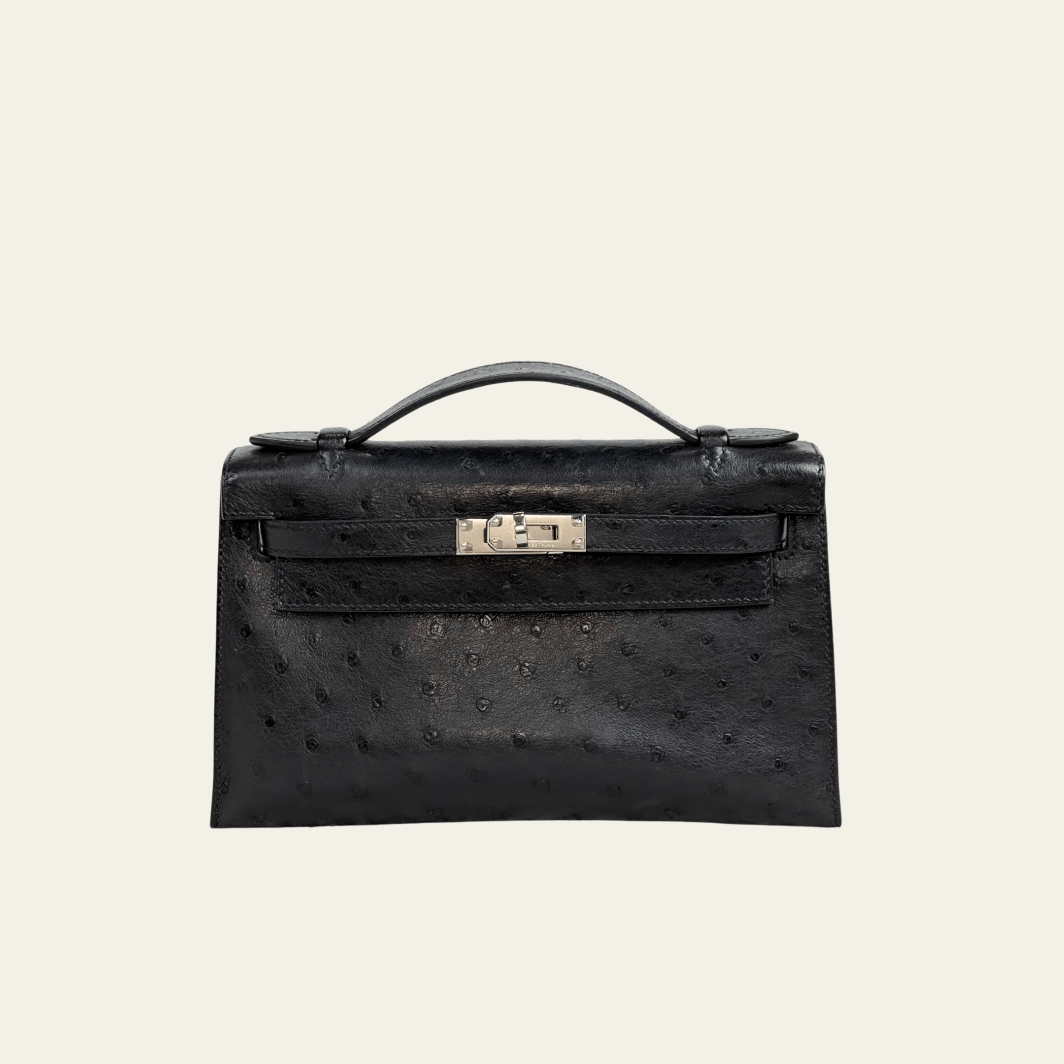 Hermès Kelly Pochette Noir – Black Ostrich Kelly Clutch Palladium