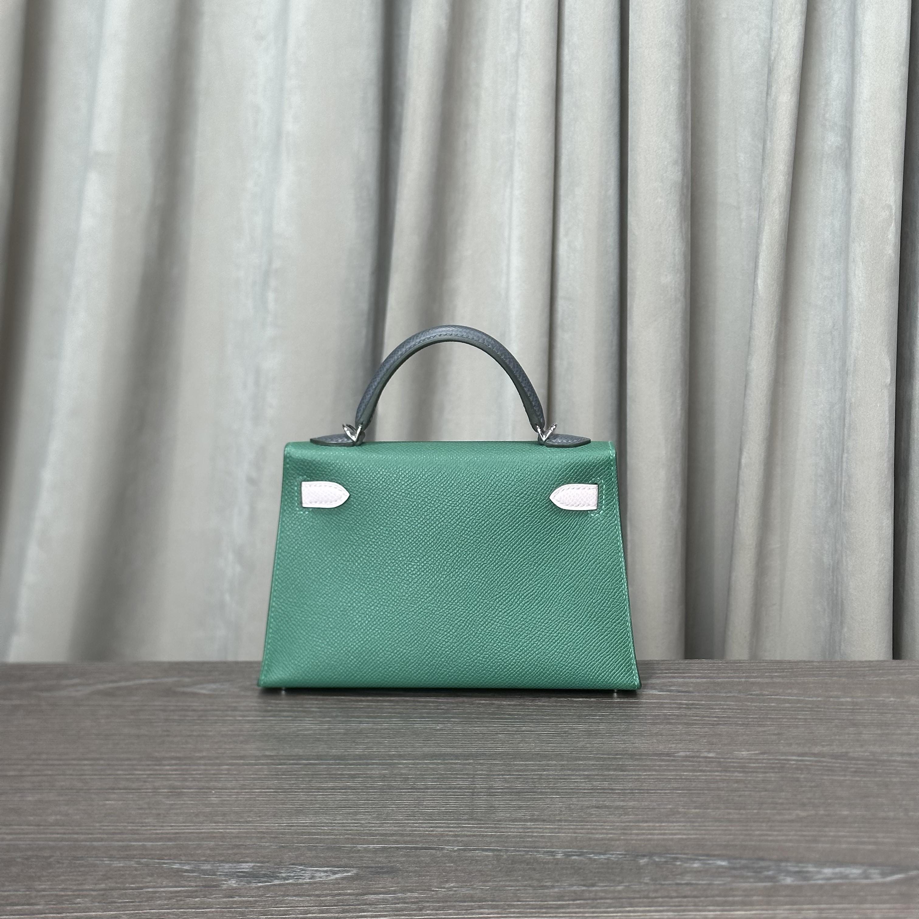 Hermès Vert Moyen/ Mauve Pale/Ardoise Mini Kelly Sellier 20 Tricolore Epsom Palladium Hardware