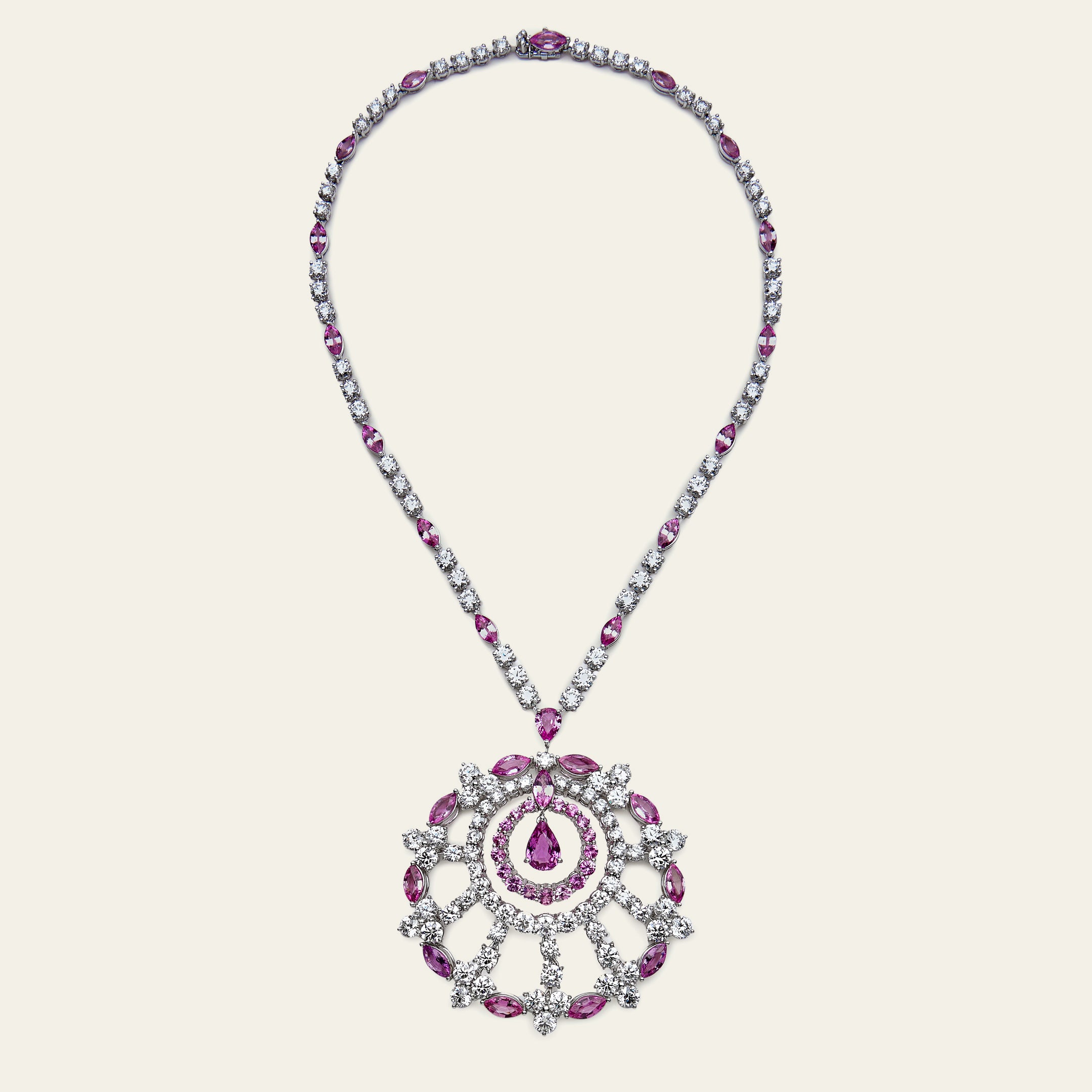 Graff White Gold Diamond and Pink Sapphire Large Snowflake Necklace