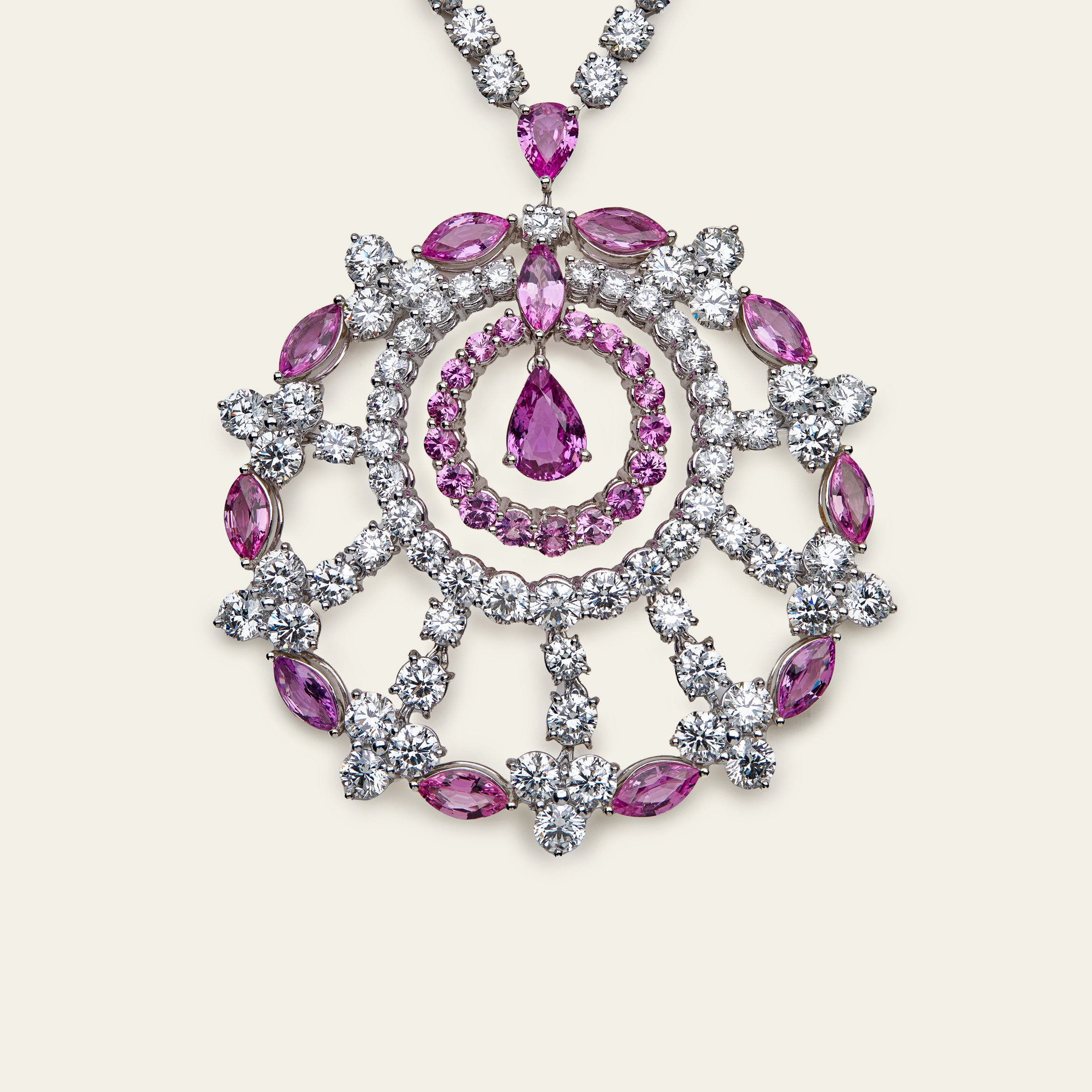 Graff White Gold Diamond and Pink Sapphire Large Snowflake Necklace