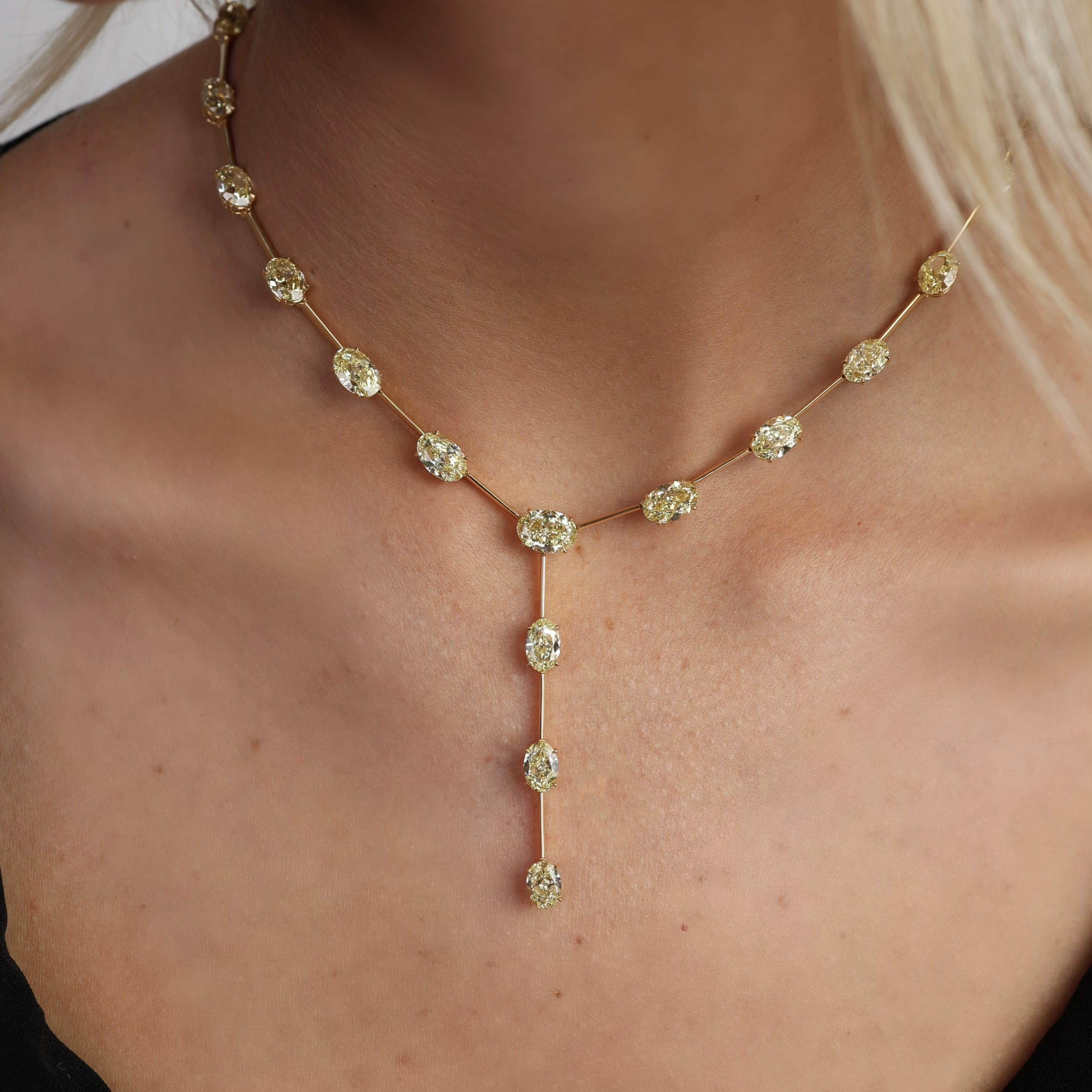 27 Carat Lariat Fancy Yellow Oval Cut Diamond Necklace in Yellow Gold