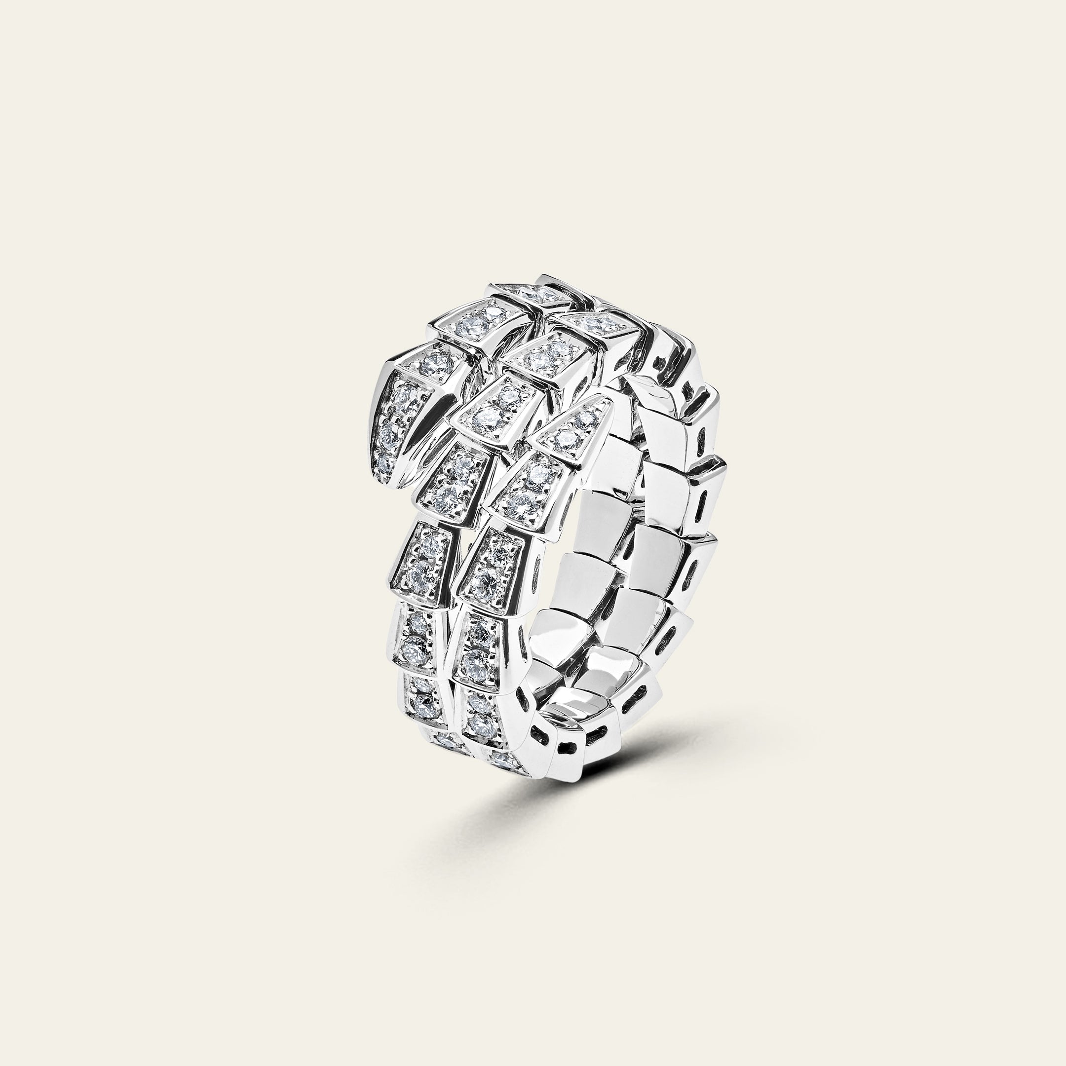 BVLGARI Serpenti Viper Thin Two-Coil Ring White Gold Full Pavé Diamond Set 357259