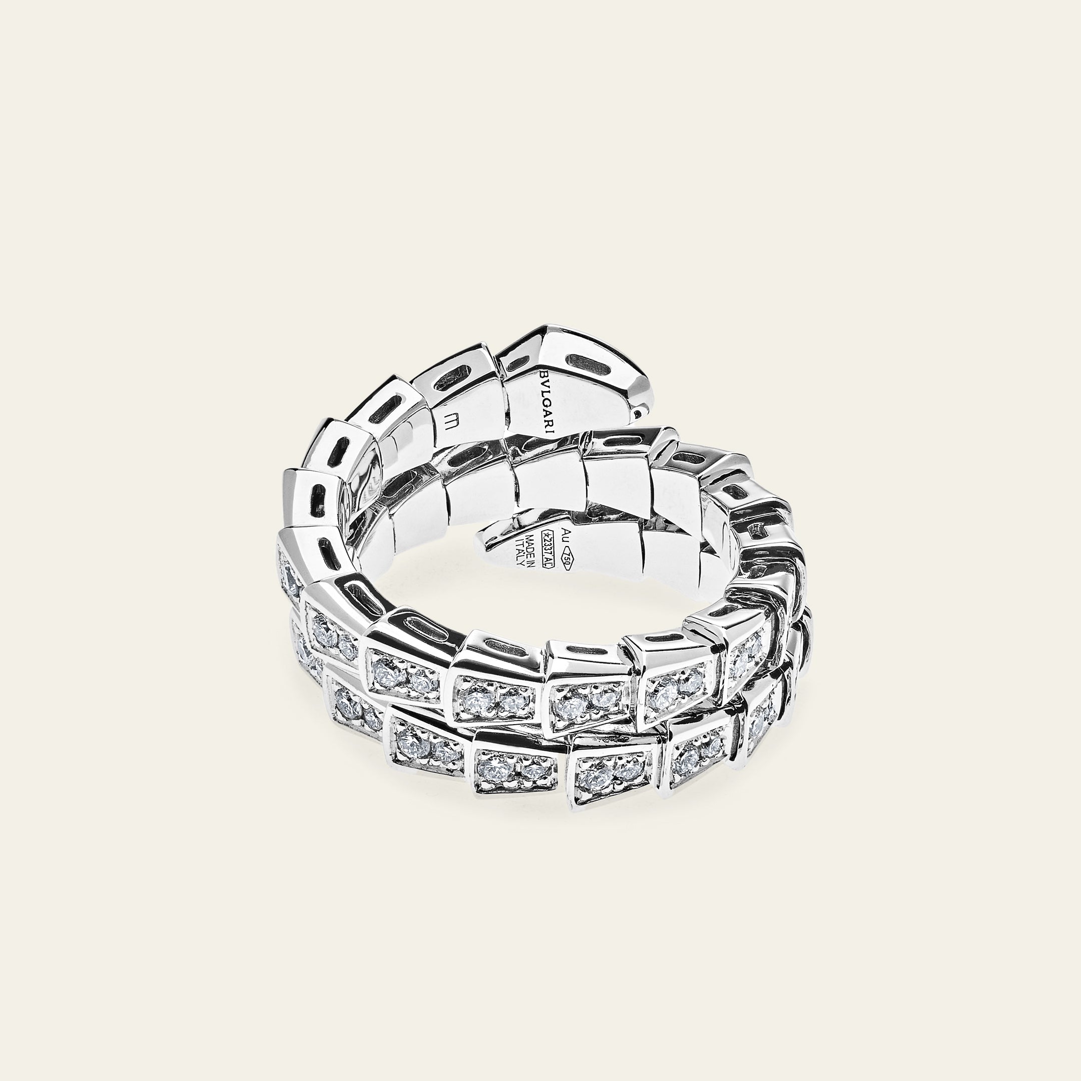 BVLGARI Serpenti Viper Thin Two-Coil Ring White Gold Full Pavé Diamond Set 357259