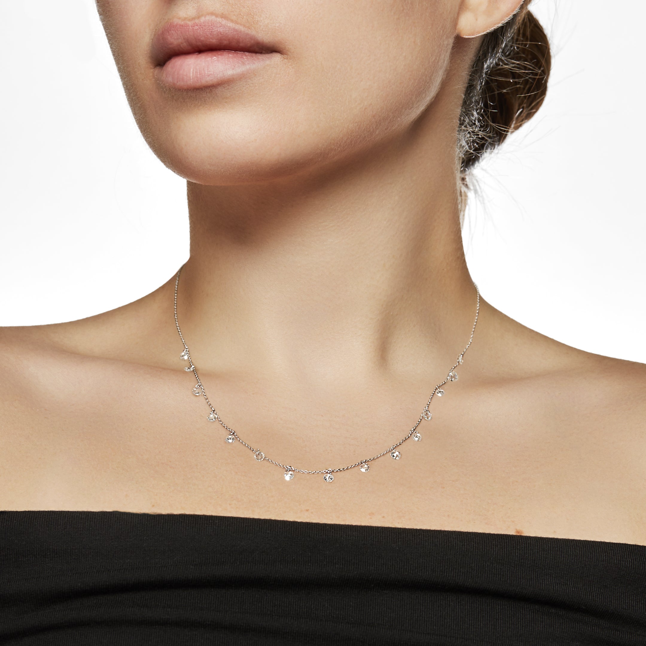 Dangling Rose-Cut Diamond Tennis Necklace in White Gold