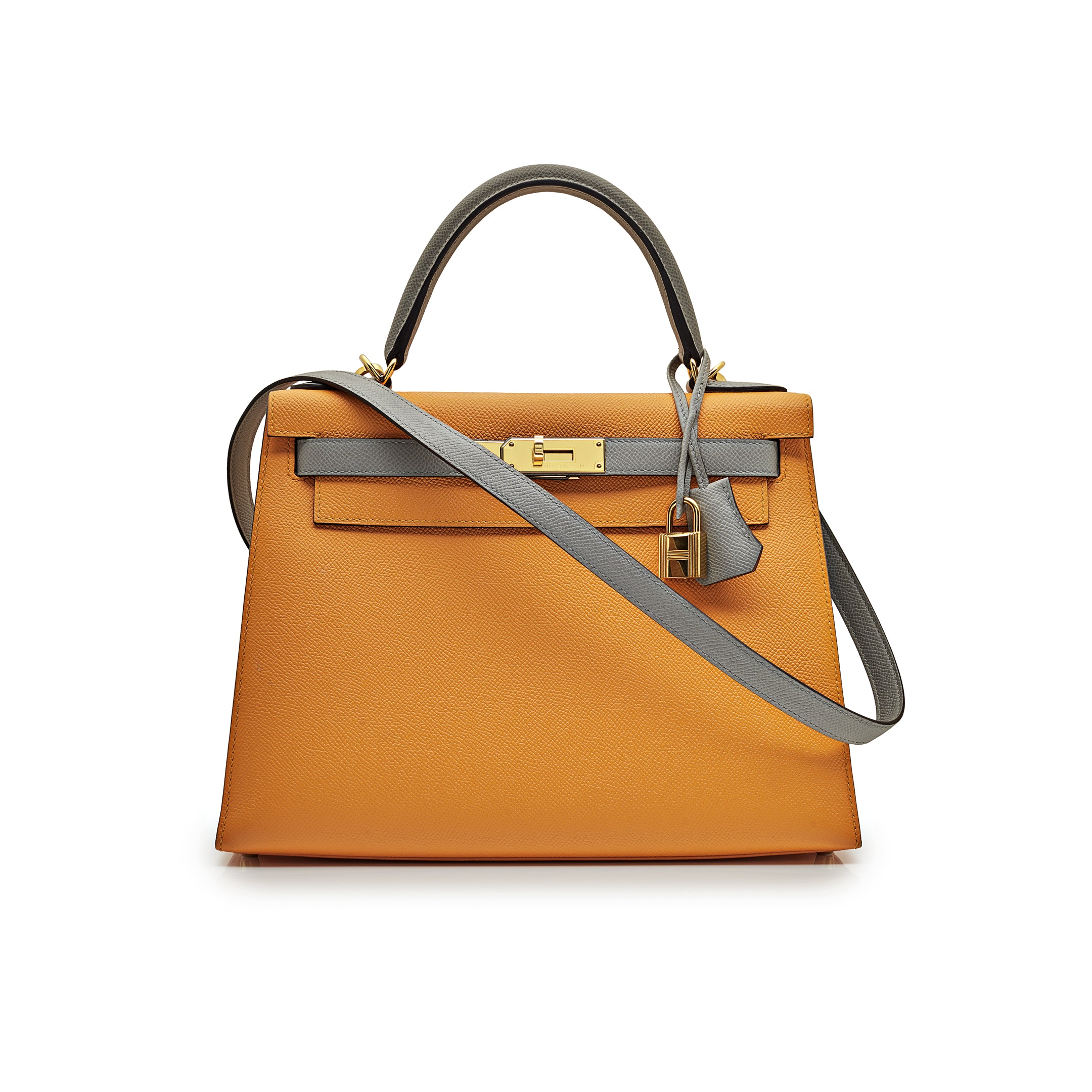 Hermès Kelly 28 Epsom Horseshoe Stamp Jaune Dor/Gris Mouette Gold Hardware