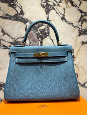 Hermès Kelly Retourne 28 Togo Calfskin New Bleu Jean Gold Hardware