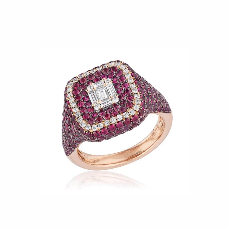 Rose Gold Ruby and Diamond Square Ring