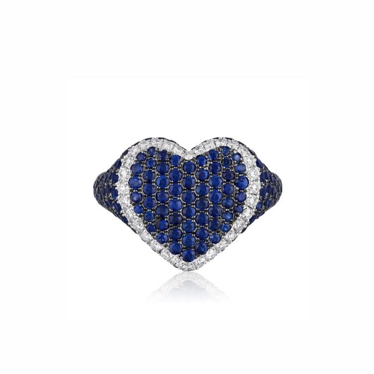 White Gold Blue Sapphire and Diamond Heart Ring