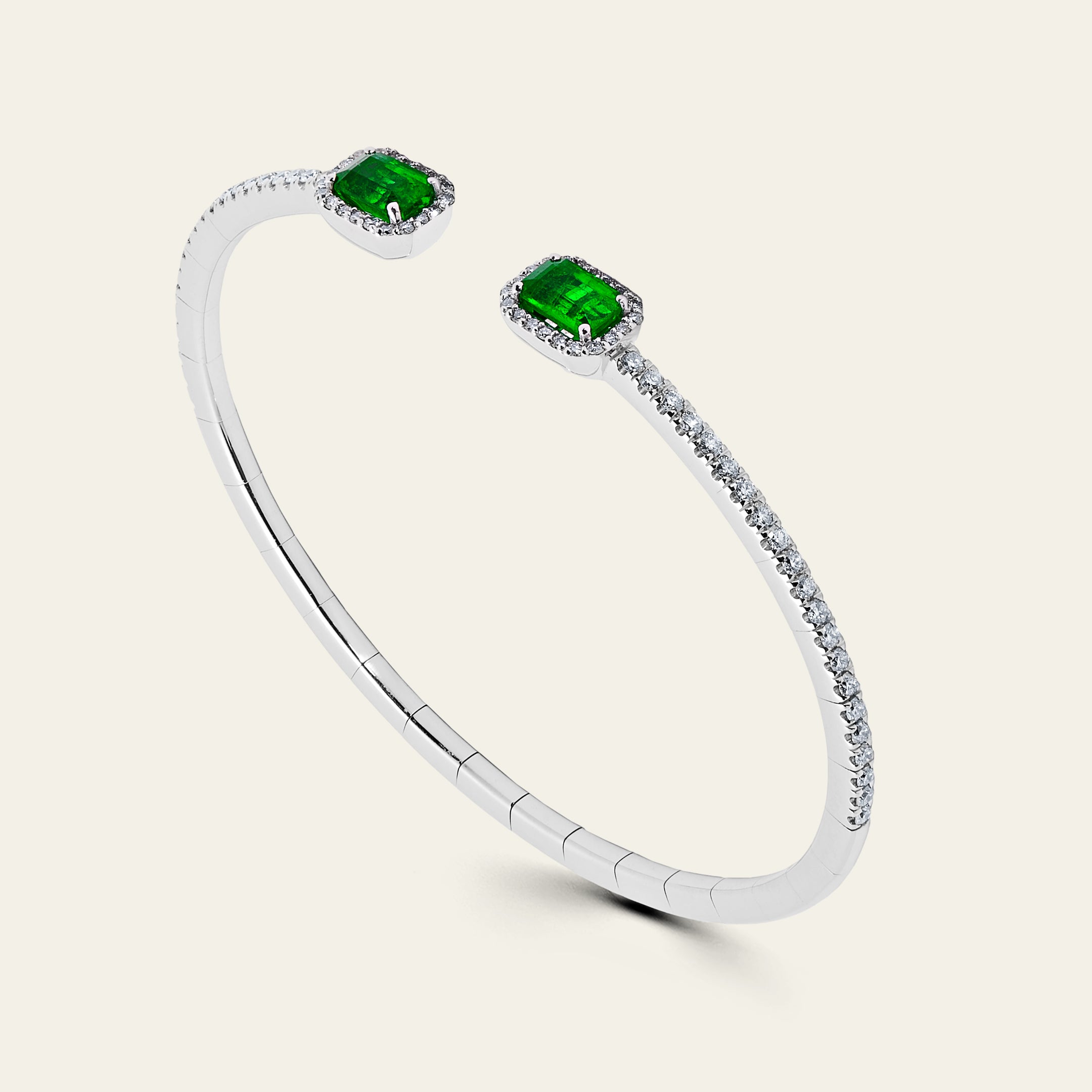 Emerald and Diamond Flexible Open Bangle