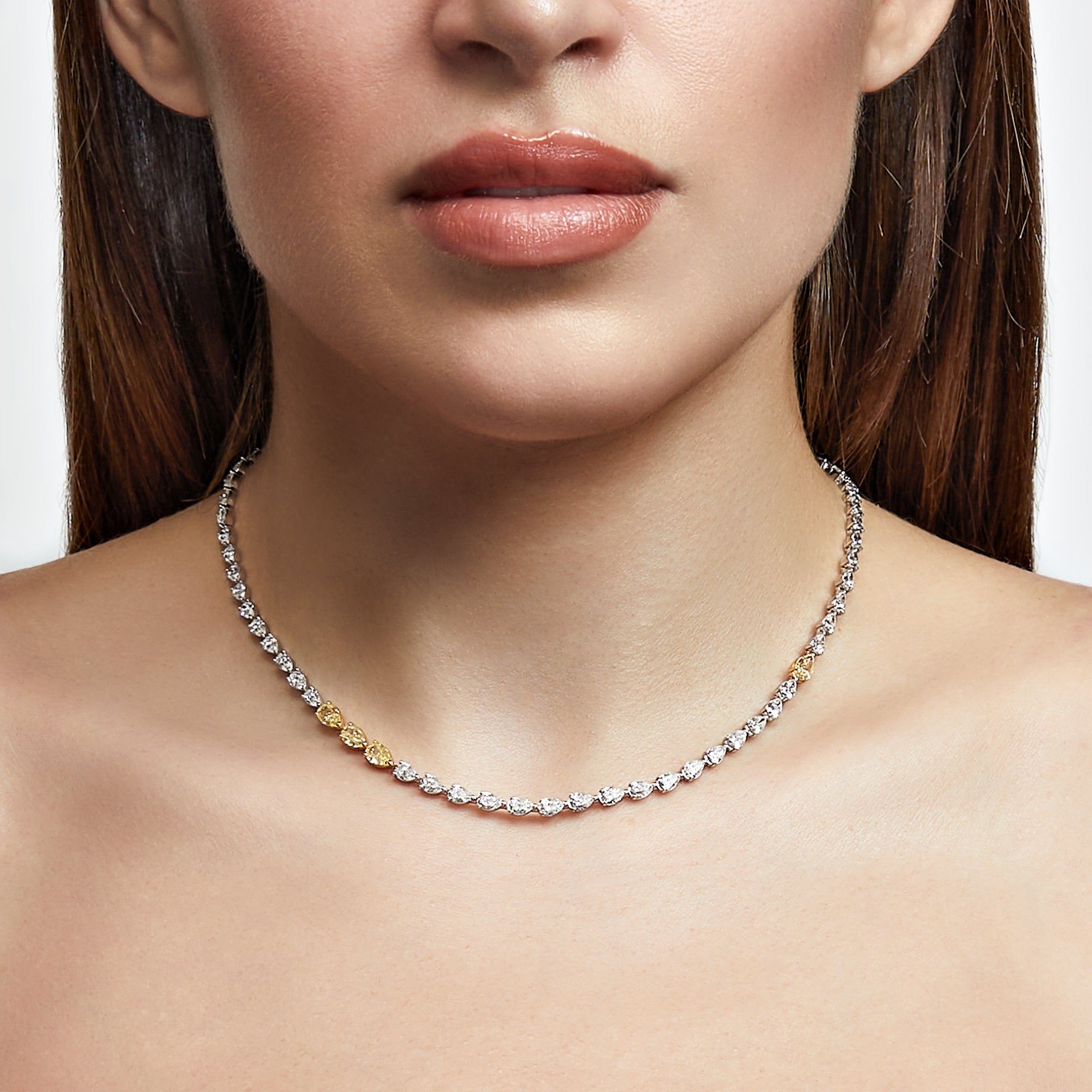 Pear-Shaped Diamond Riviére Tennis Necklace with Yellow Diamonds