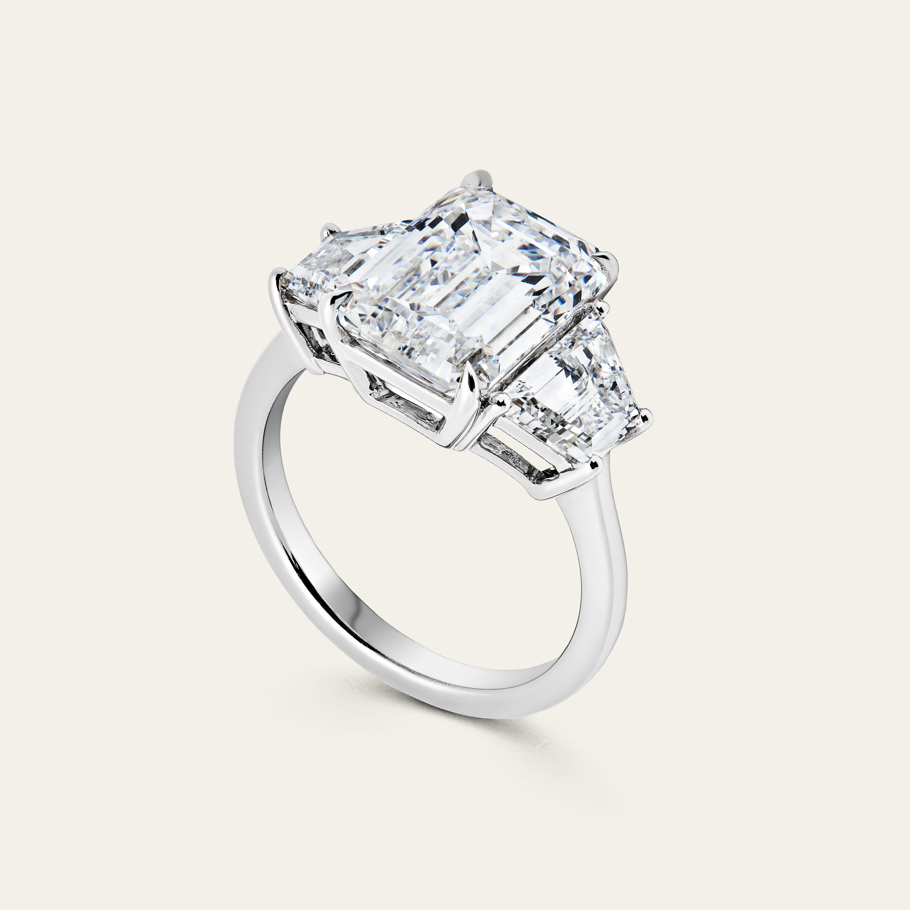 Custom Three-Stone Emerald Cut Platinum Engagement Ring