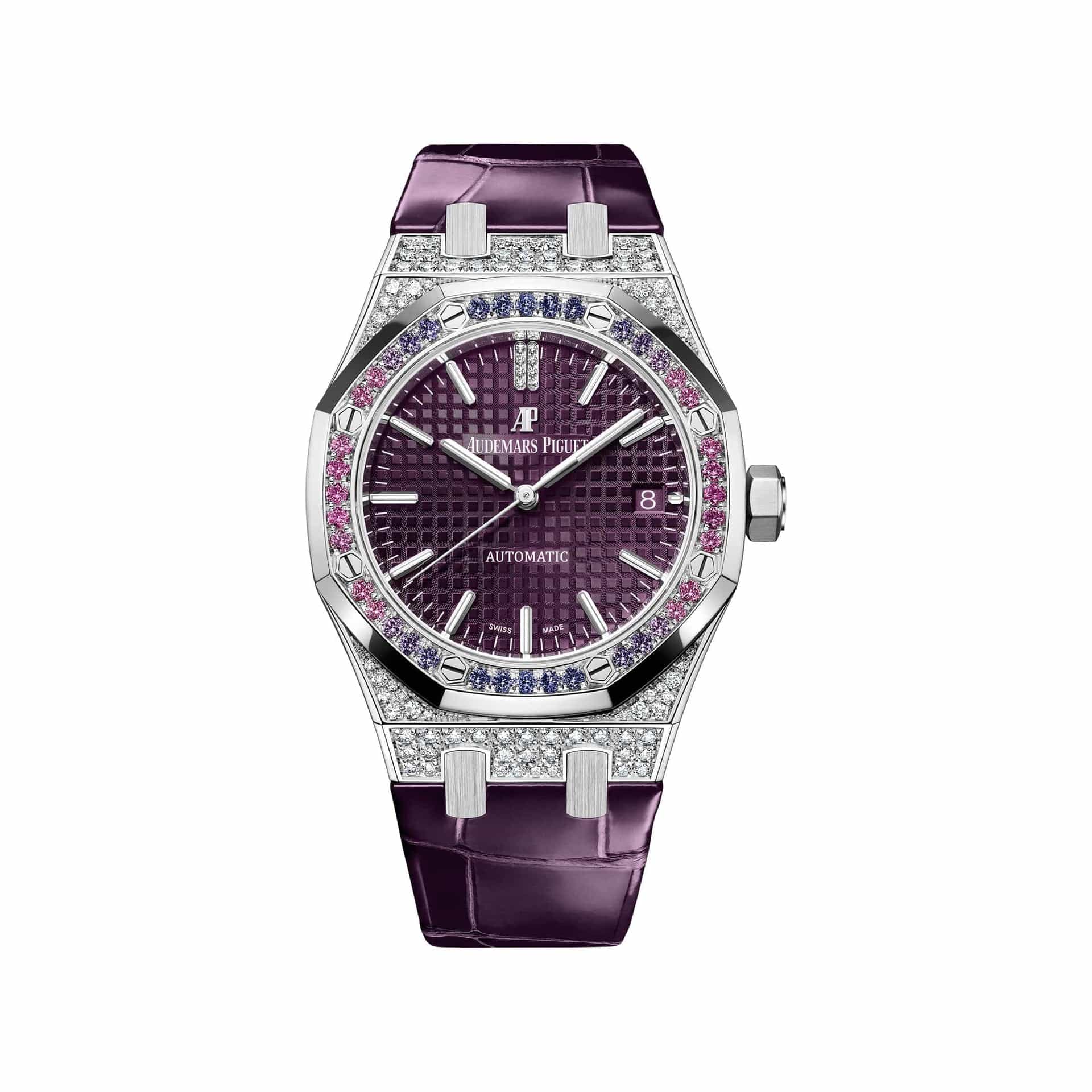 Audemars Piguet Royal Oak 15452BC.ZY.D600CR.01 'Ladies' White Gold Purple Dial Diamond Sapphire Bezel