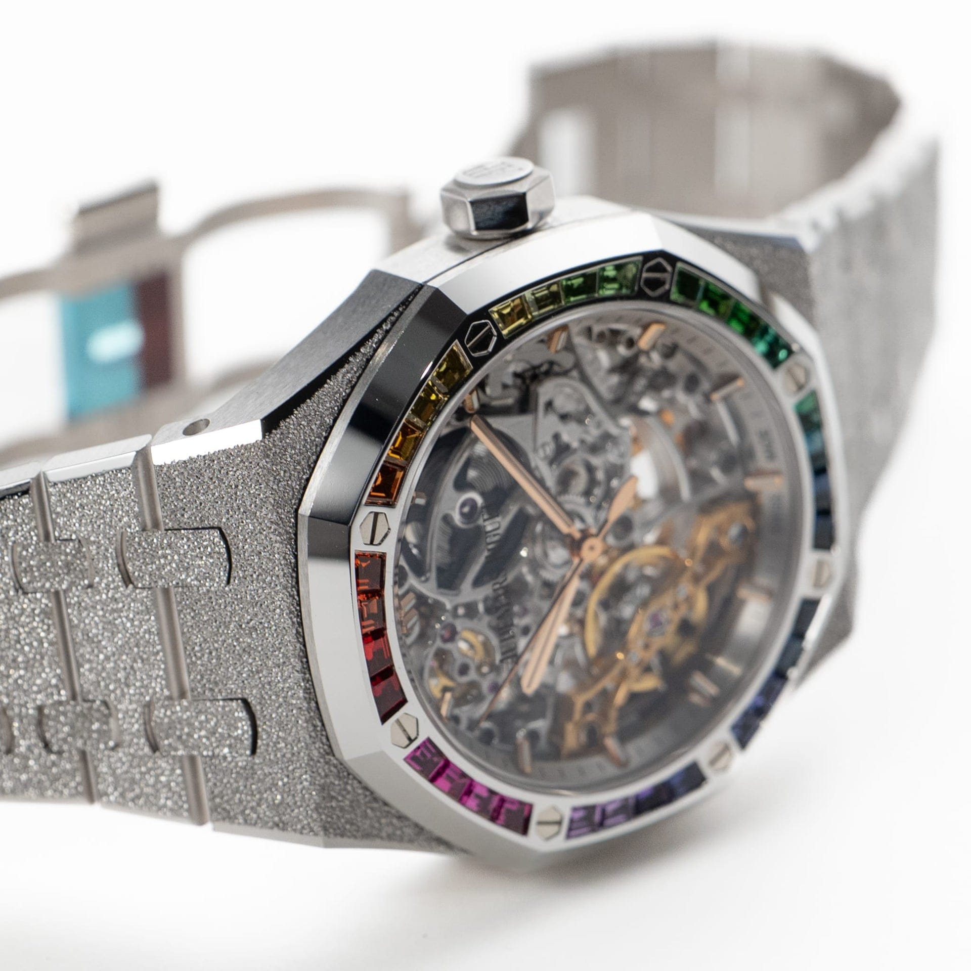 Audemars Piguet Royal Oak 15468BC.YG.1259BC.01-B Double Balance Wheel Frosted White Gold Rainbow Sapphires Bezel Openworked Dial