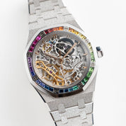 Audemars Piguet Royal Oak 15468BC.YG.1259BC.01-B Double Balance Wheel Frosted White Gold Rainbow Sapphires Bezel Openworked Dial