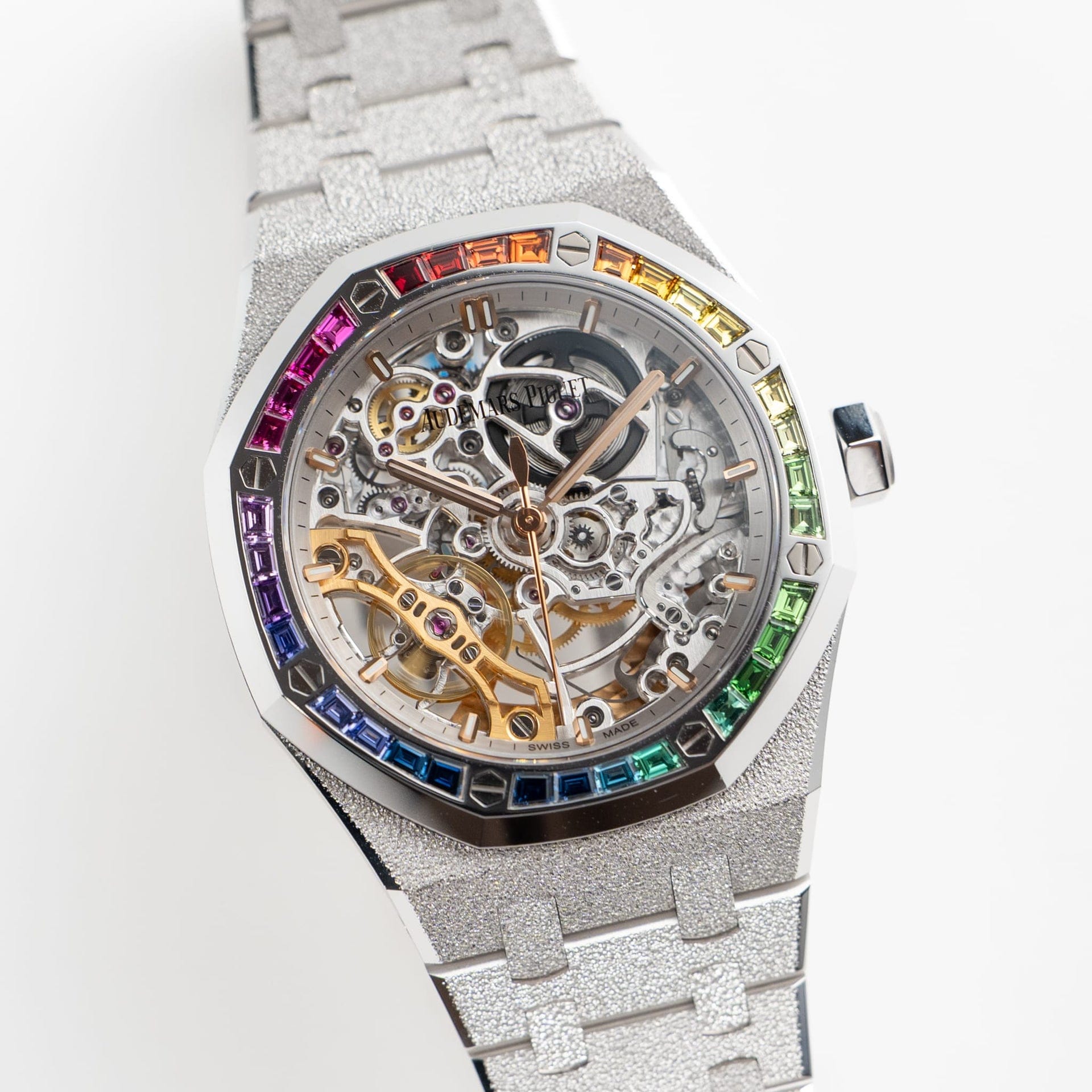 Audemars Piguet Royal Oak 15468BC.YG.1259BC.01-B Double Balance Wheel Frosted White Gold Rainbow Sapphires Bezel Openworked Dial