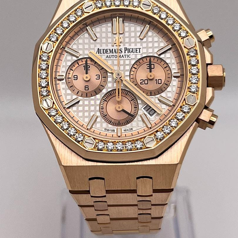 Luxury Watch Audemars Piguet Royal Oak Chronograph Rose Gold Silver Dial Diamond Bezel 26315OR.ZZ.1256OR.01 Wrist Aficionado