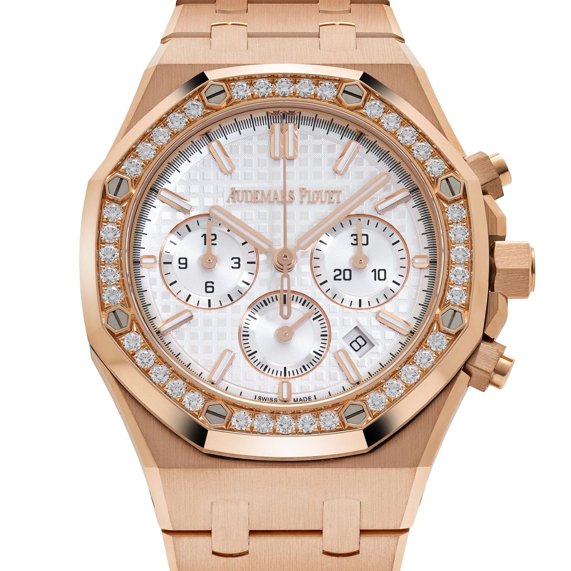 Audemars Piguet Royal Oak 26715OR.ZZ.1356OR.01 Chronograph Rose Gold Silver Dial Diamond Bezel (2025)