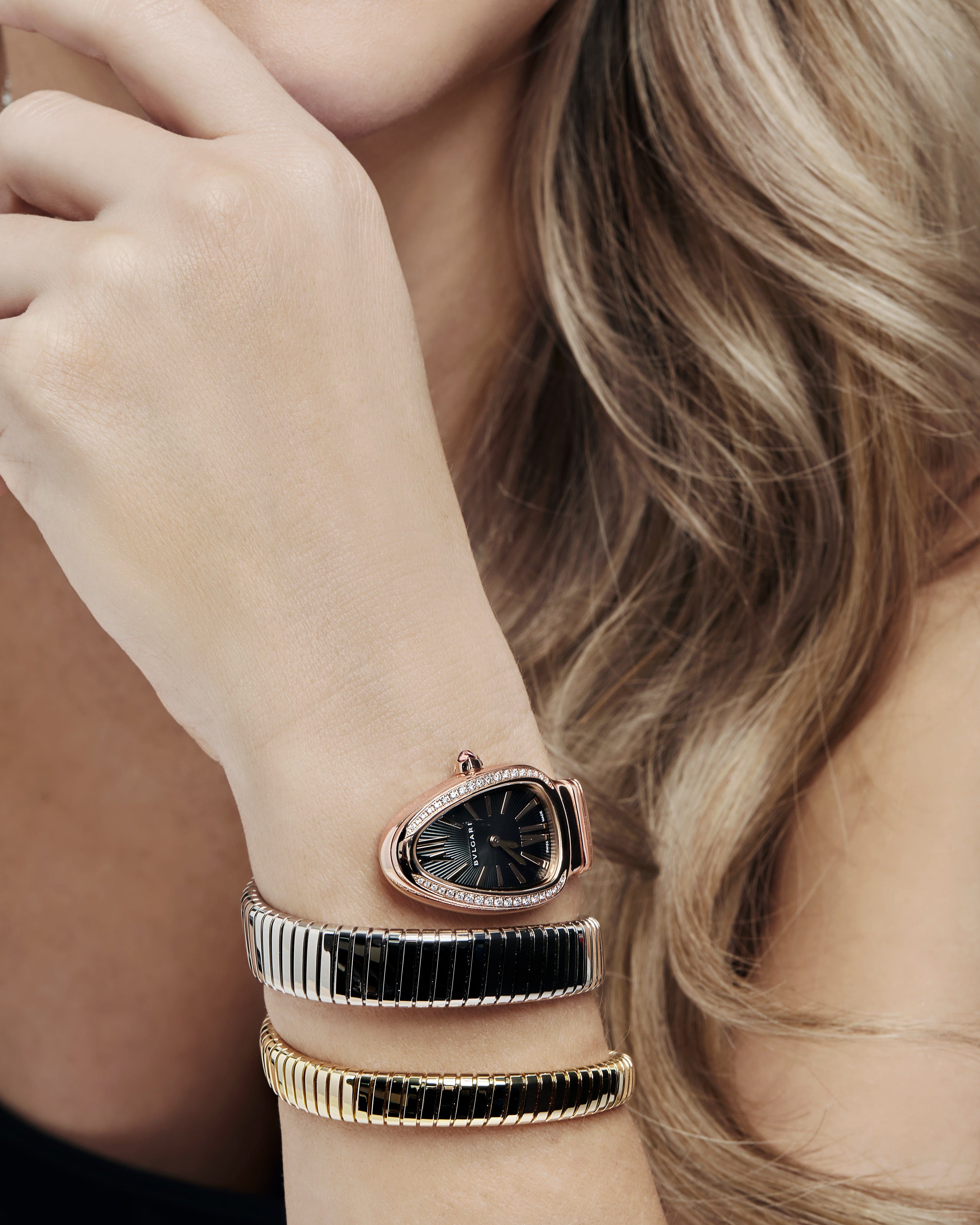 BVLGARI Serpenti Tubogas Watch 102948 Three-Tone Double Spiral Diamond Bezel