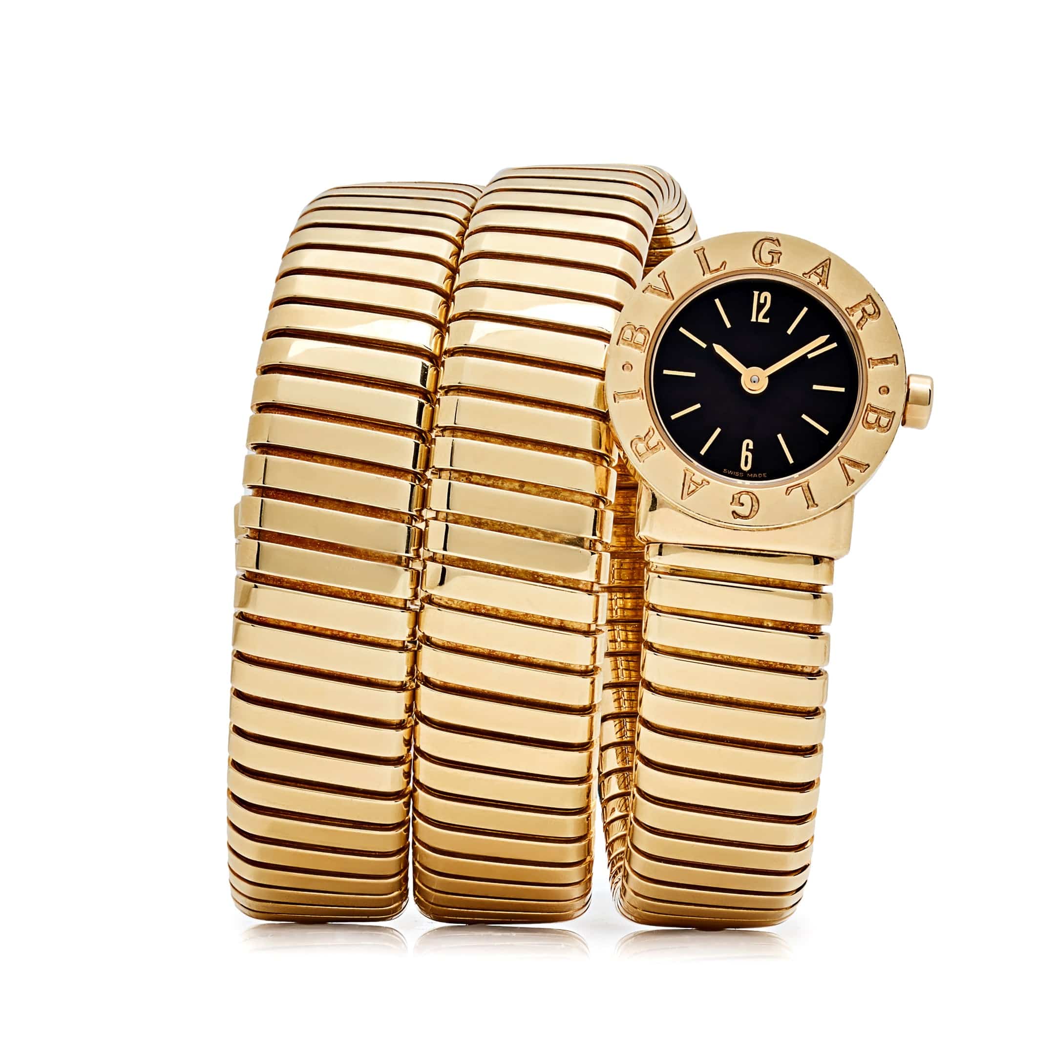 BVLGARI Tubogas BB191T 3 Row Yellow Gold Black Dial Quartz