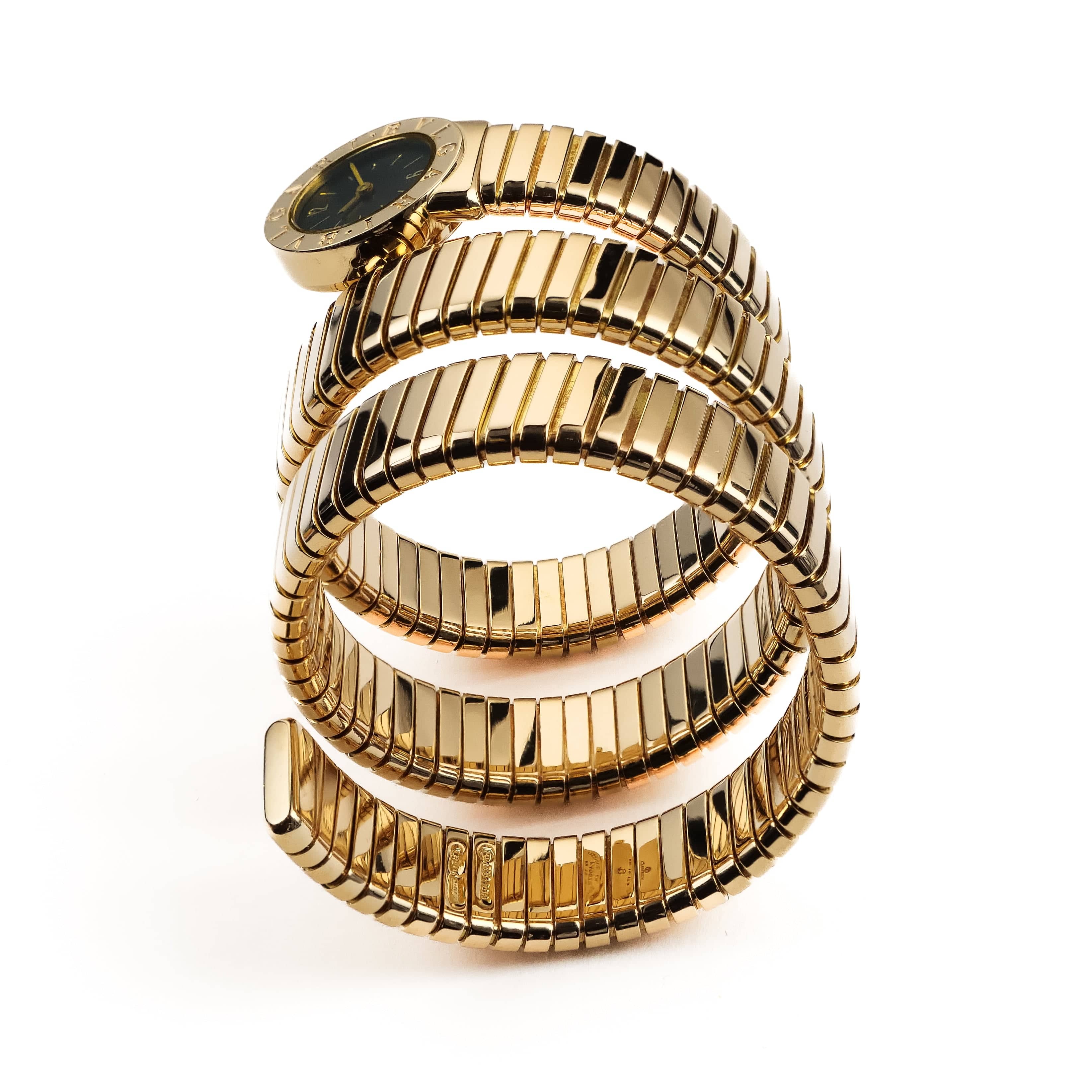 BVLGARI Tubogas BB191T 3 Row Yellow Gold Black Dial Quartz