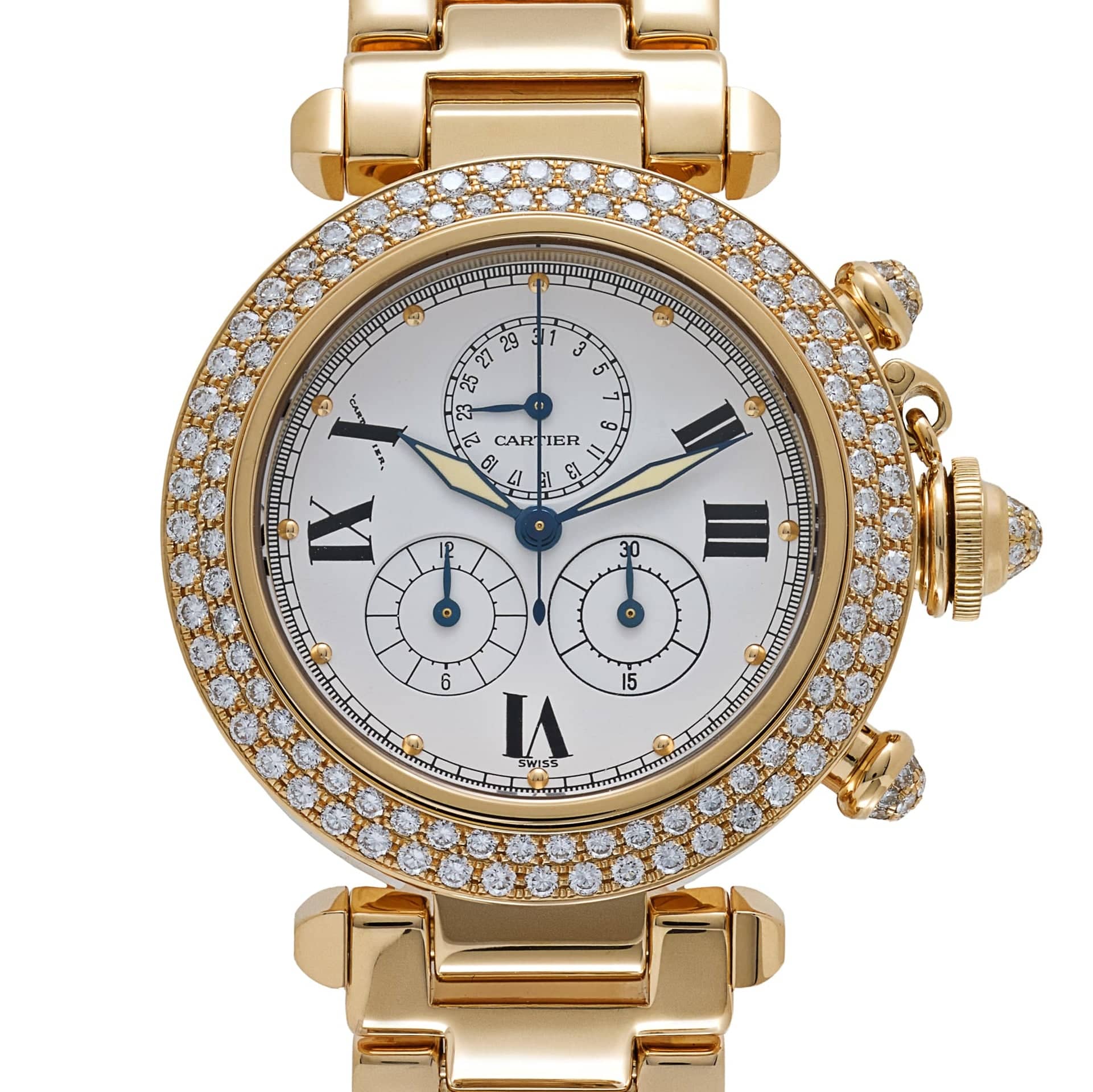 Cartier Pasha Chronograph W3004251 'Ladies' Yellow Gold White Dial Diamond Bezel Quartz