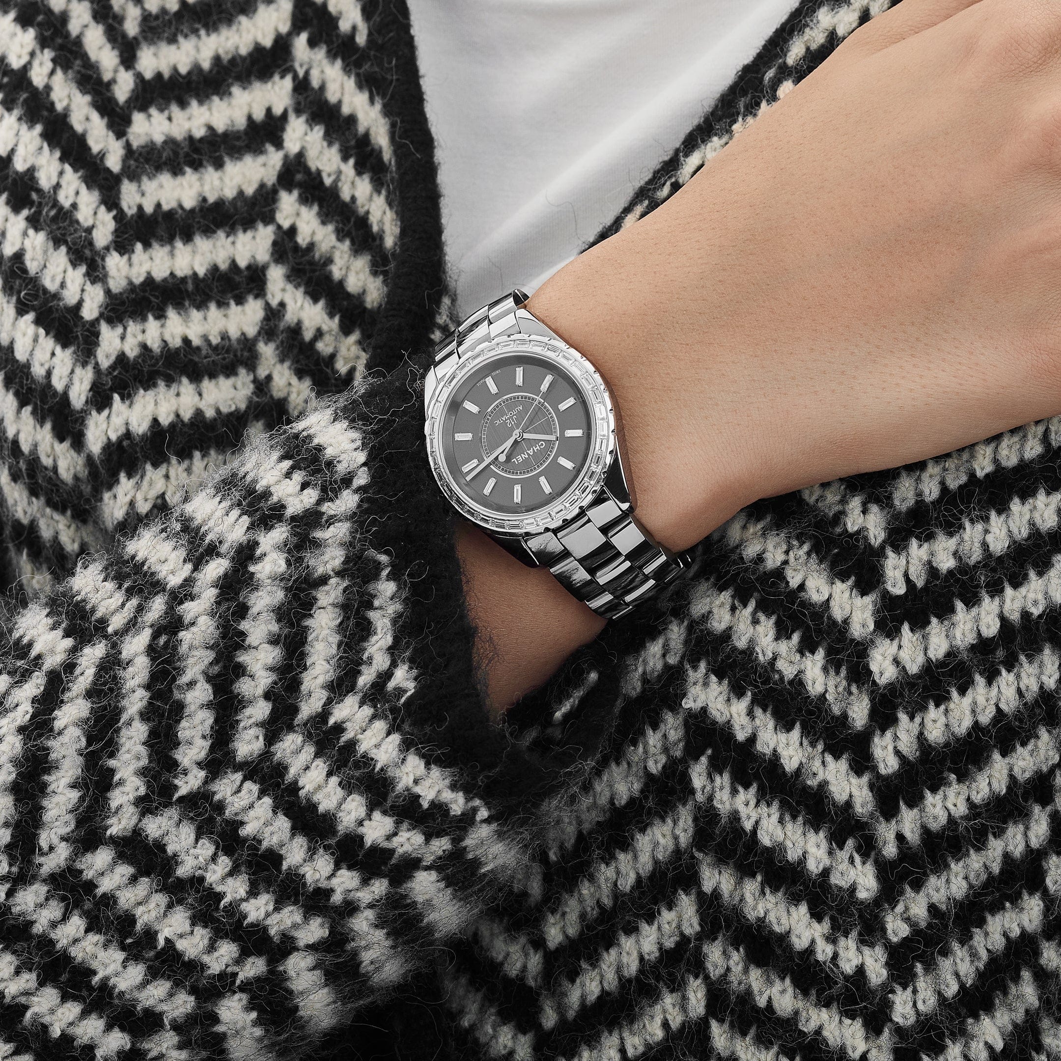 Chanel J12 H3155 Chromatic Ceramic Titanium Grey Baguette Diamond Dial and Bezel
