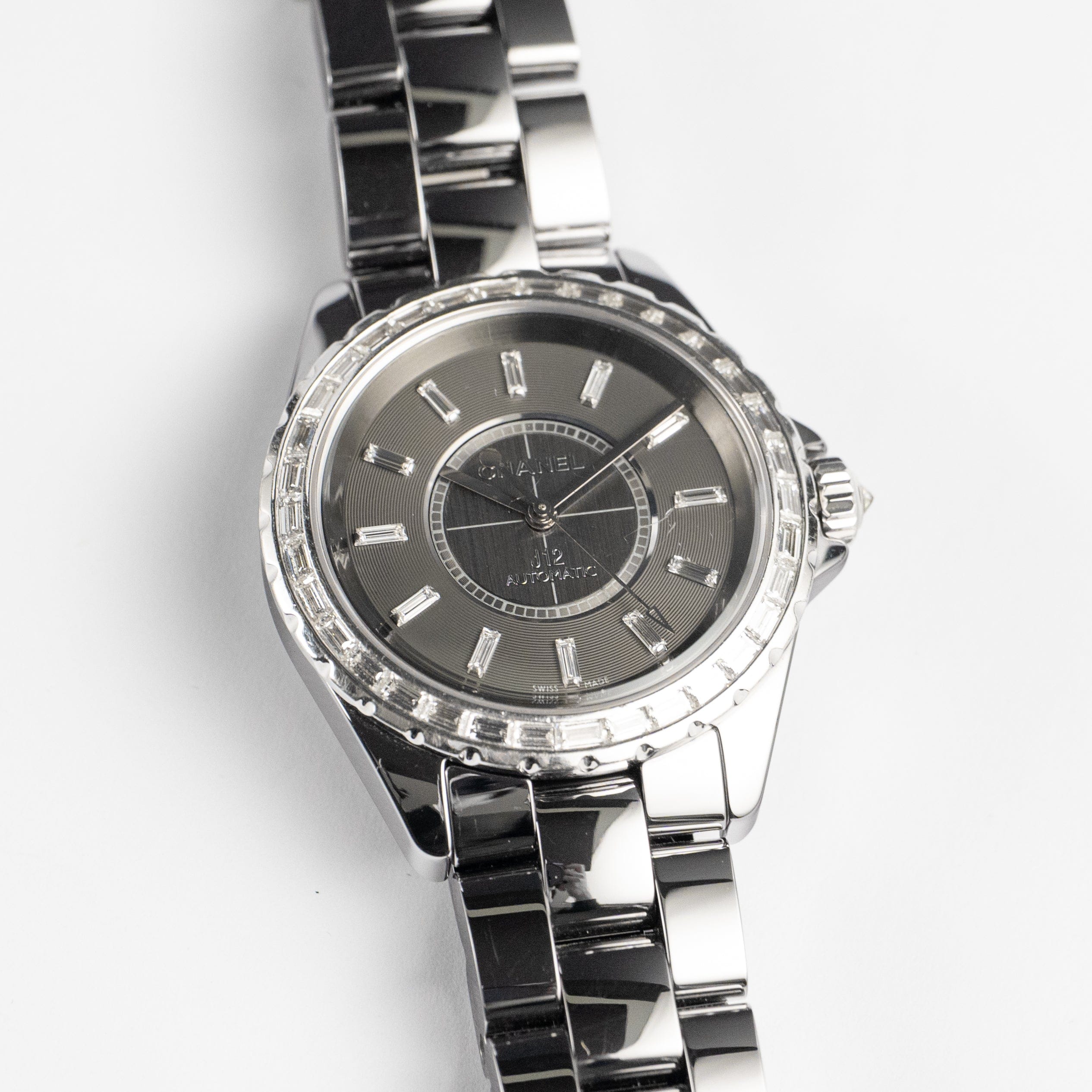 Chanel J12 H3155 Chromatic Ceramic Titanium Grey Baguette Diamond Dial and Bezel