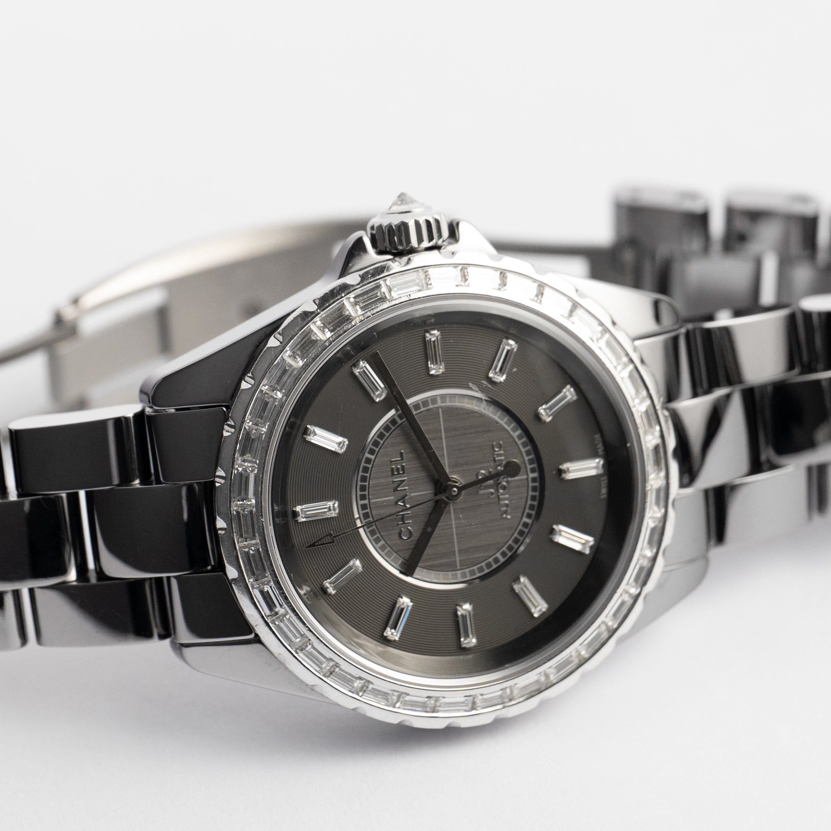 Chanel J12 H3155 Chromatic Ceramic Titanium Grey Baguette Diamond Dial and Bezel