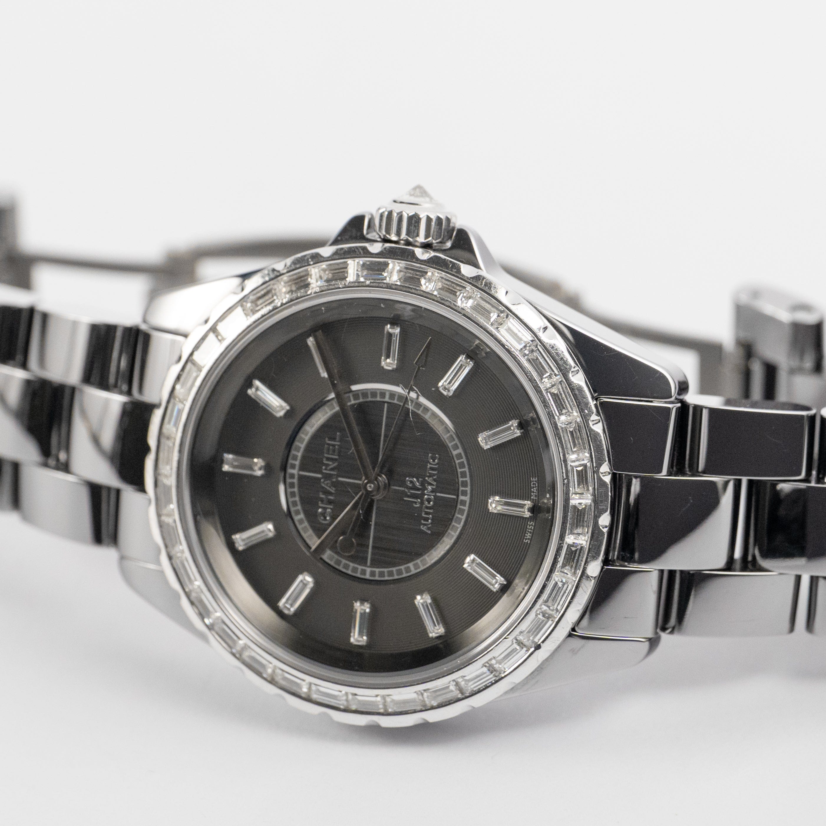Chanel J12 H3155 Chromatic Ceramic Titanium Grey Baguette Diamond Dial and Bezel