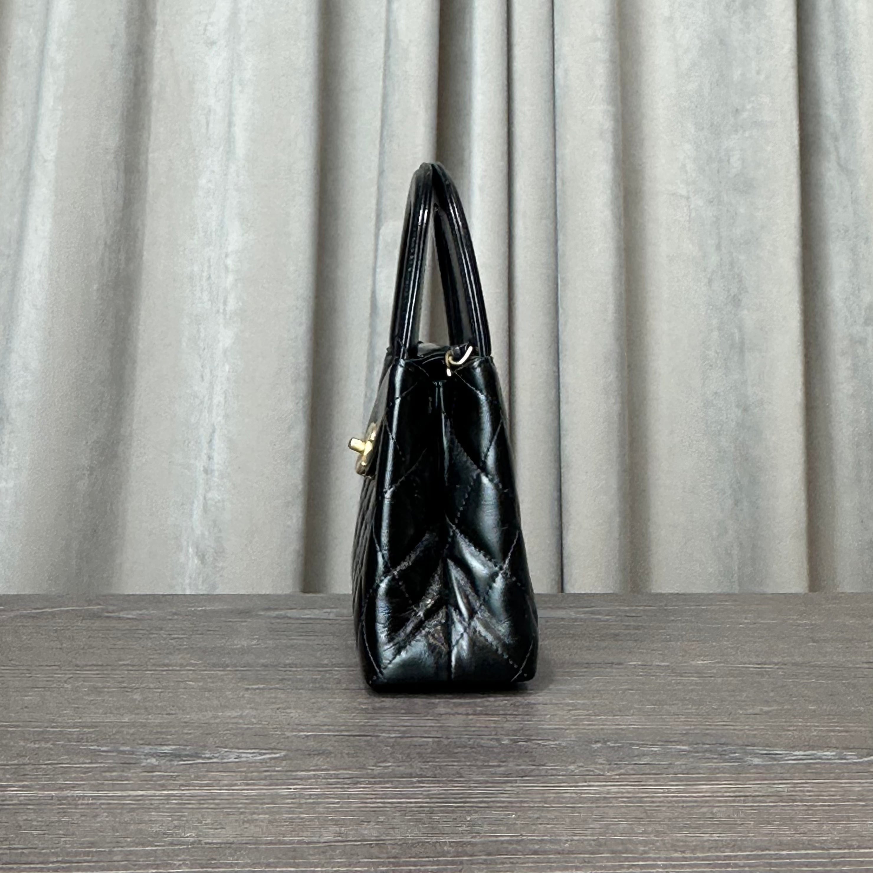 Chanel Nano Kelly Shopper Black Shiny Aged Quilted Calfskin Brushed Gold Hardware