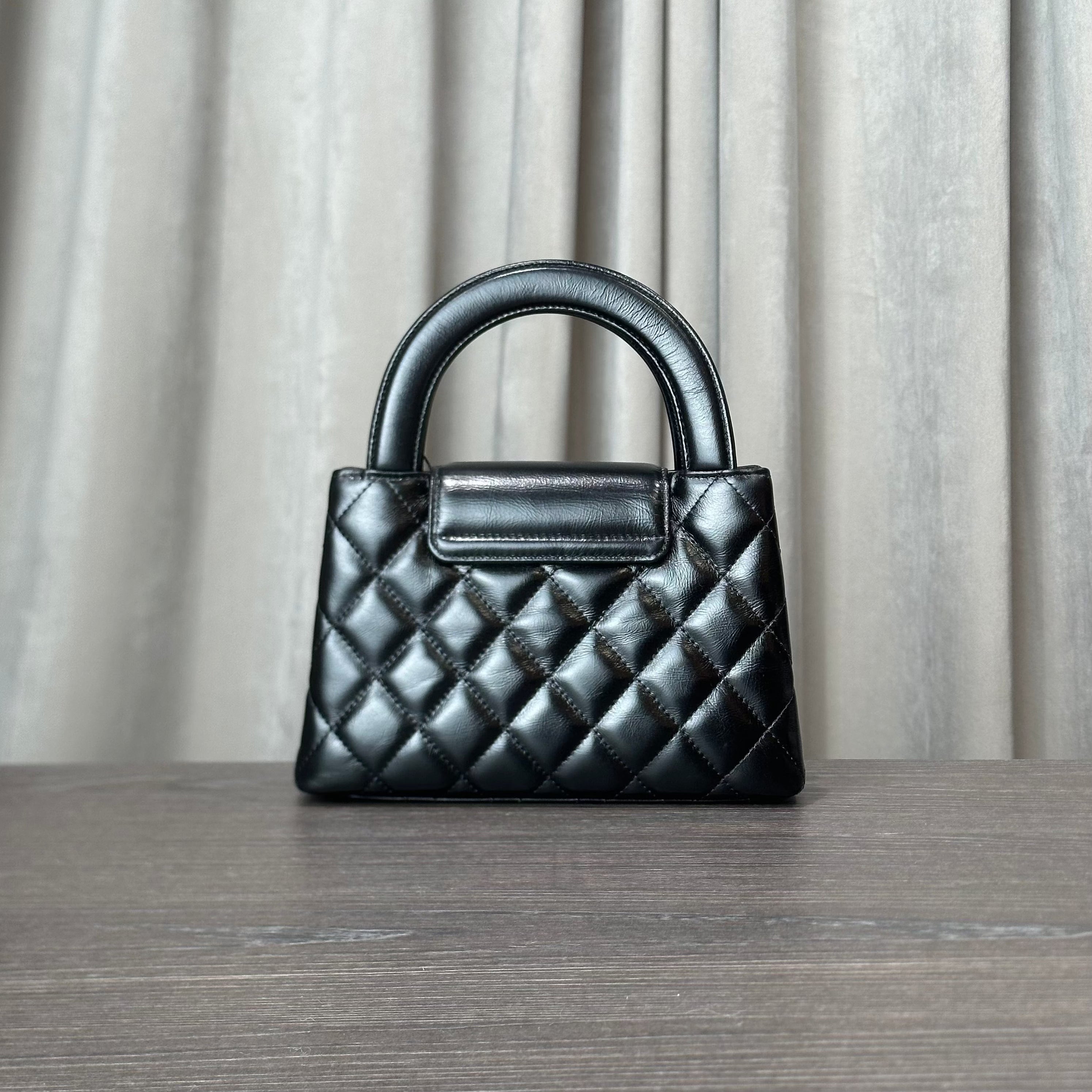 Chanel Nano Kelly Shopper Black Shiny Aged Quilted Calfskin Brushed Gold Hardware