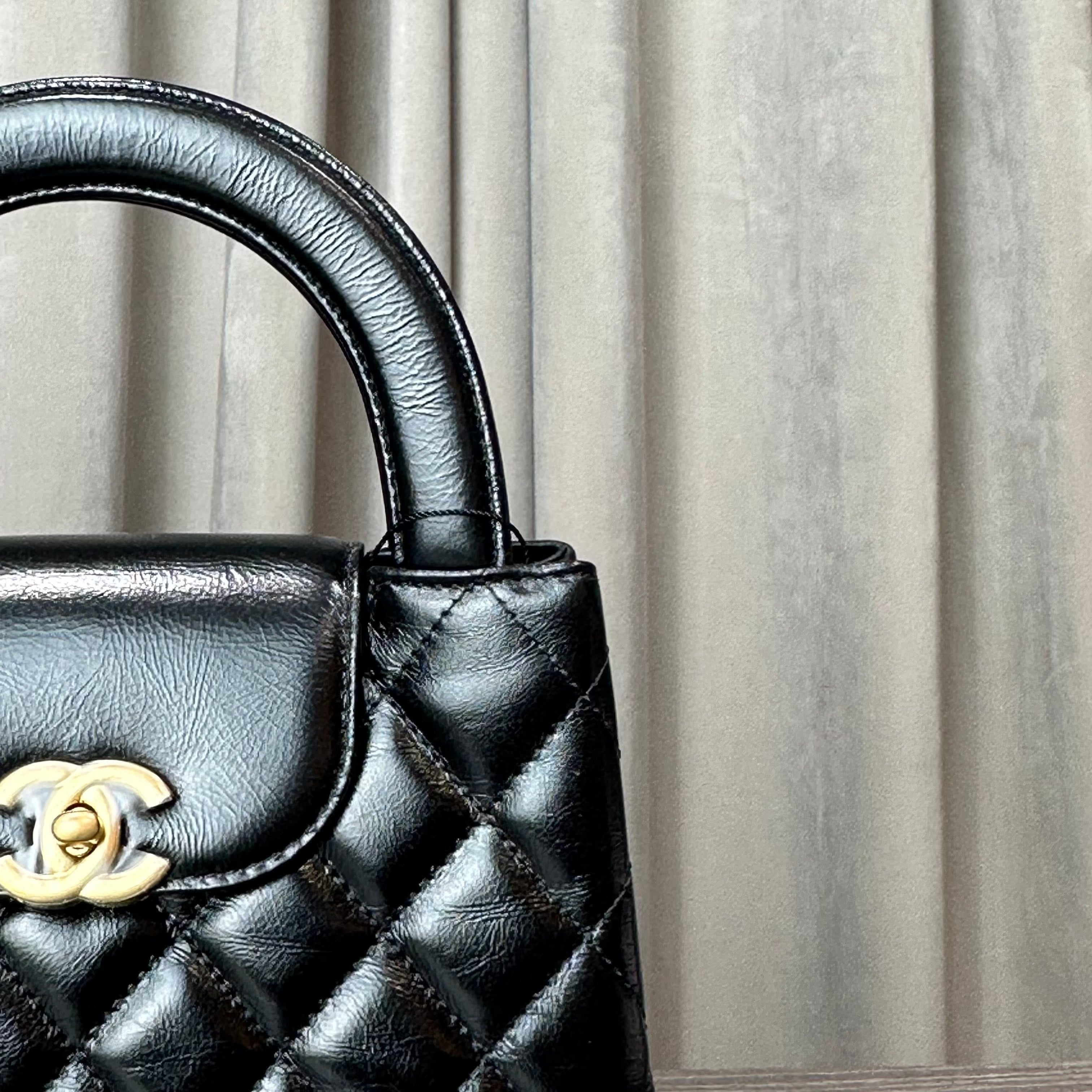 Chanel Nano Kelly Shopper Black Shiny Aged Quilted Calfskin Brushed Gold Hardware