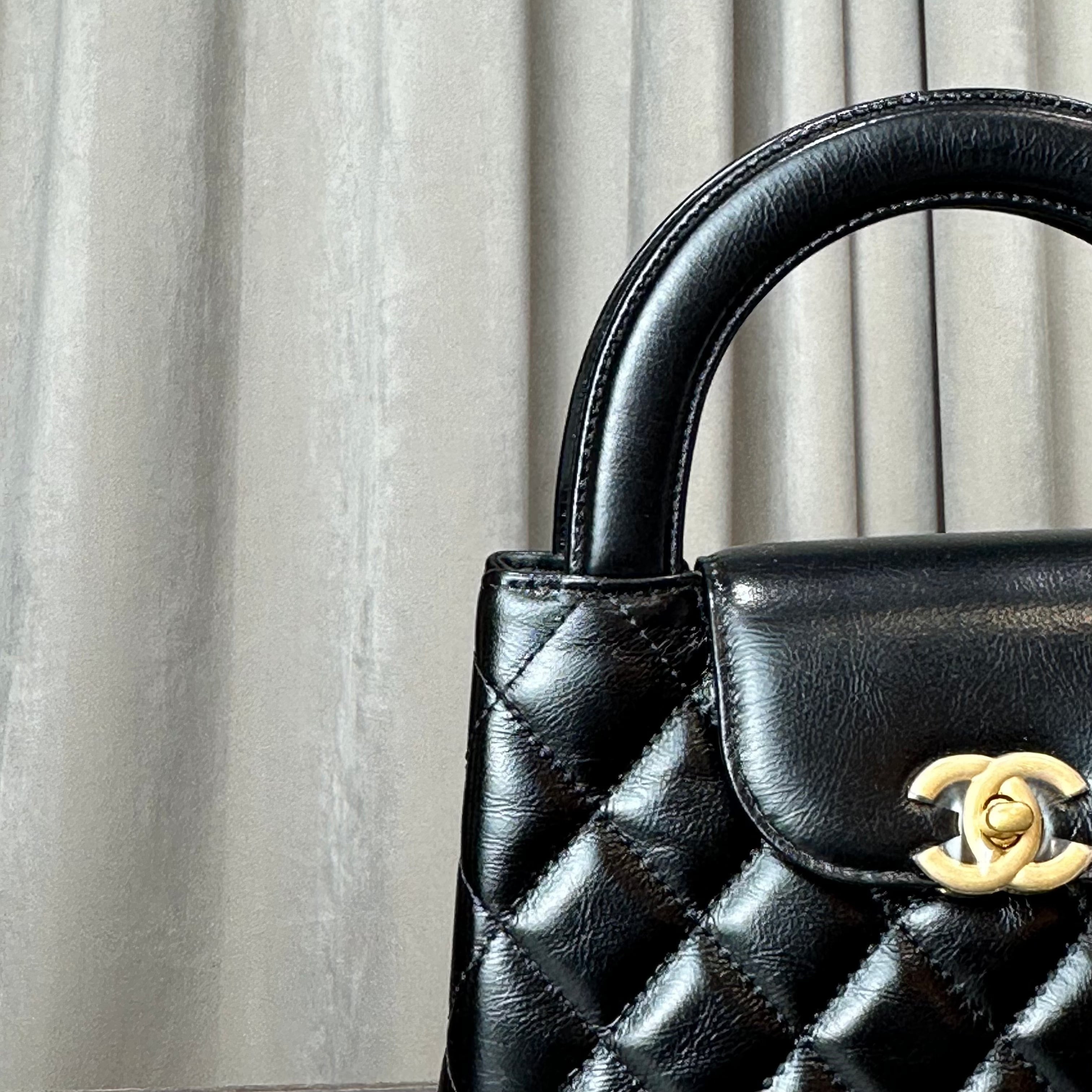 Chanel Nano Kelly Shopper Black Shiny Aged Quilted Calfskin Brushed Gold Hardware