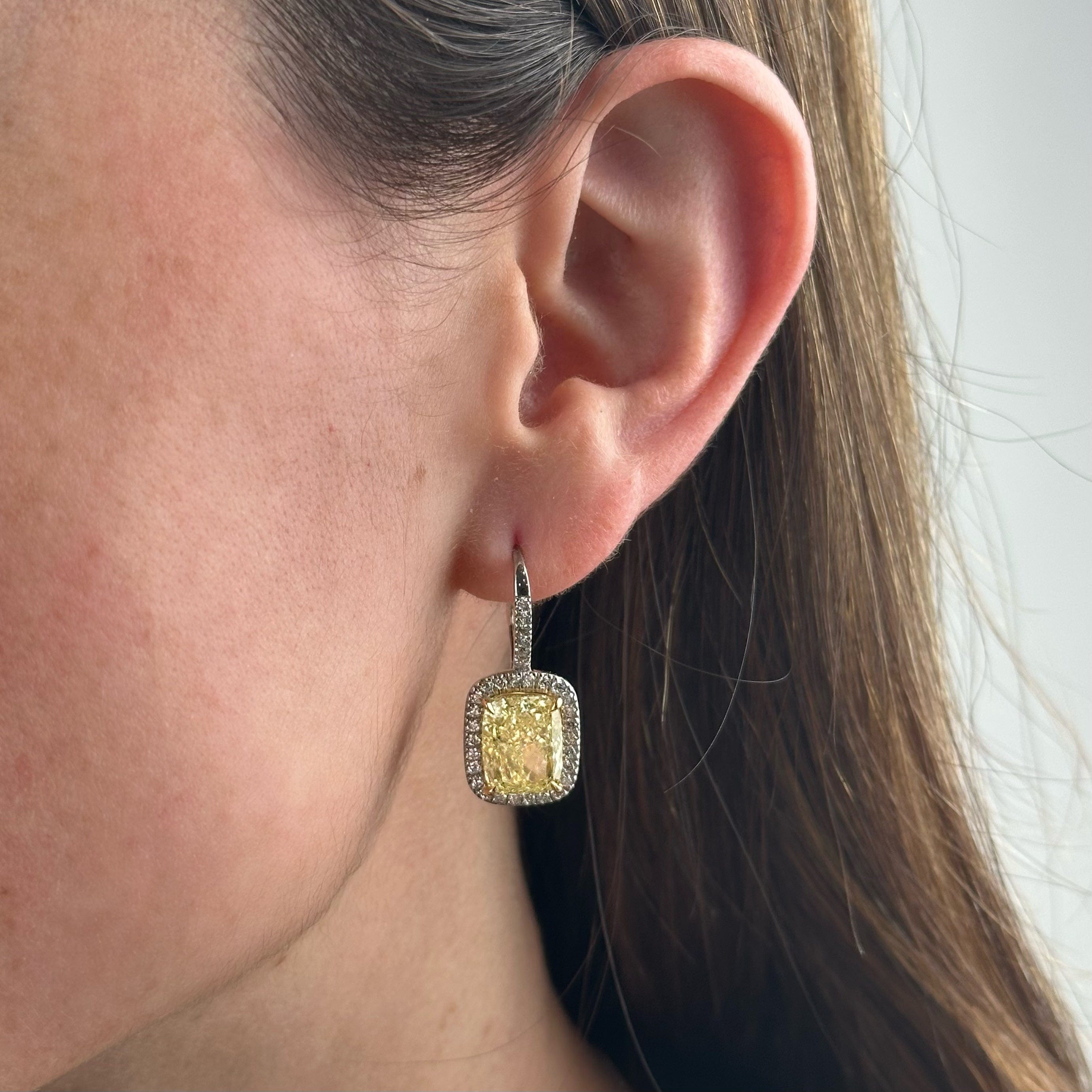 Cushion-Cut Fancy Yellow Diamond Earrings with Pave Halo