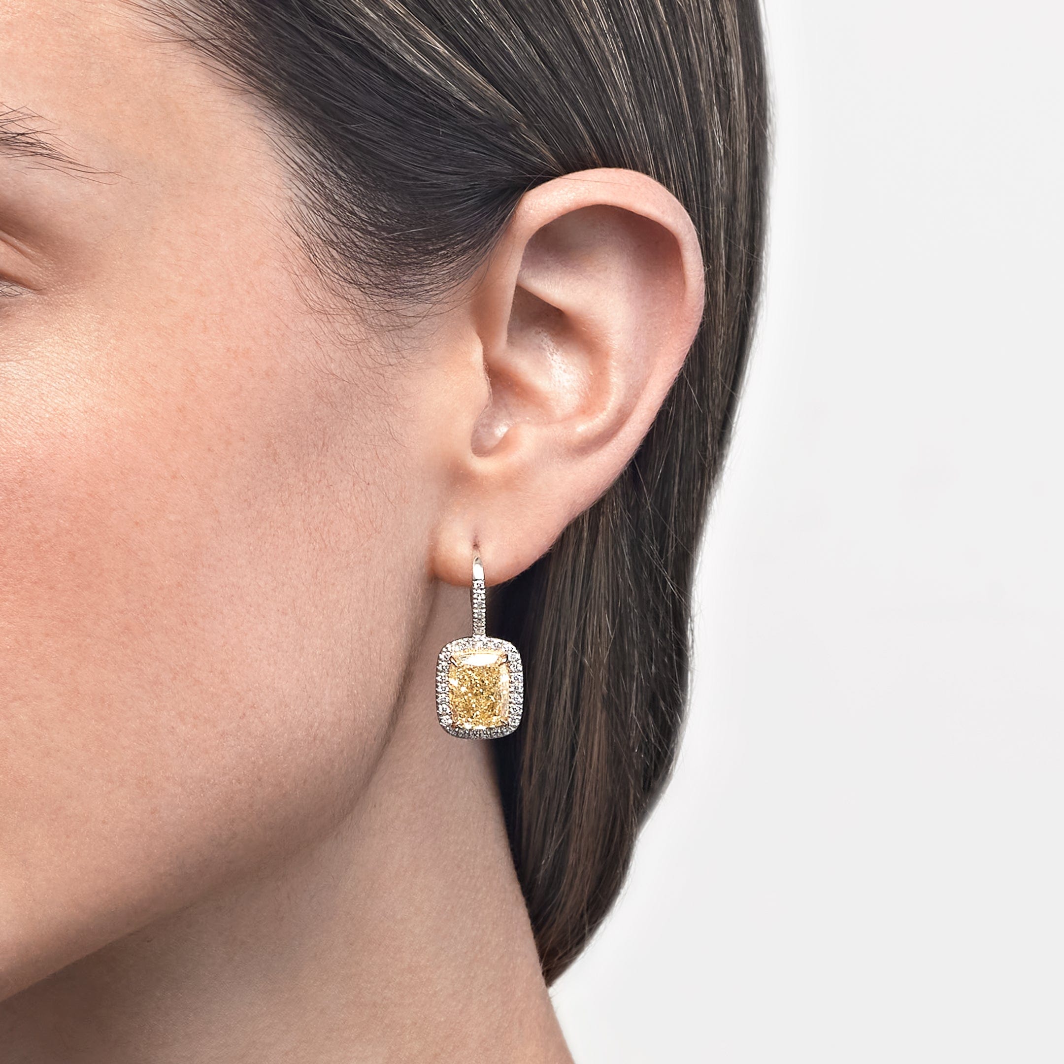 Cushion-Cut Fancy Yellow Diamond Earrings with Pave Halo