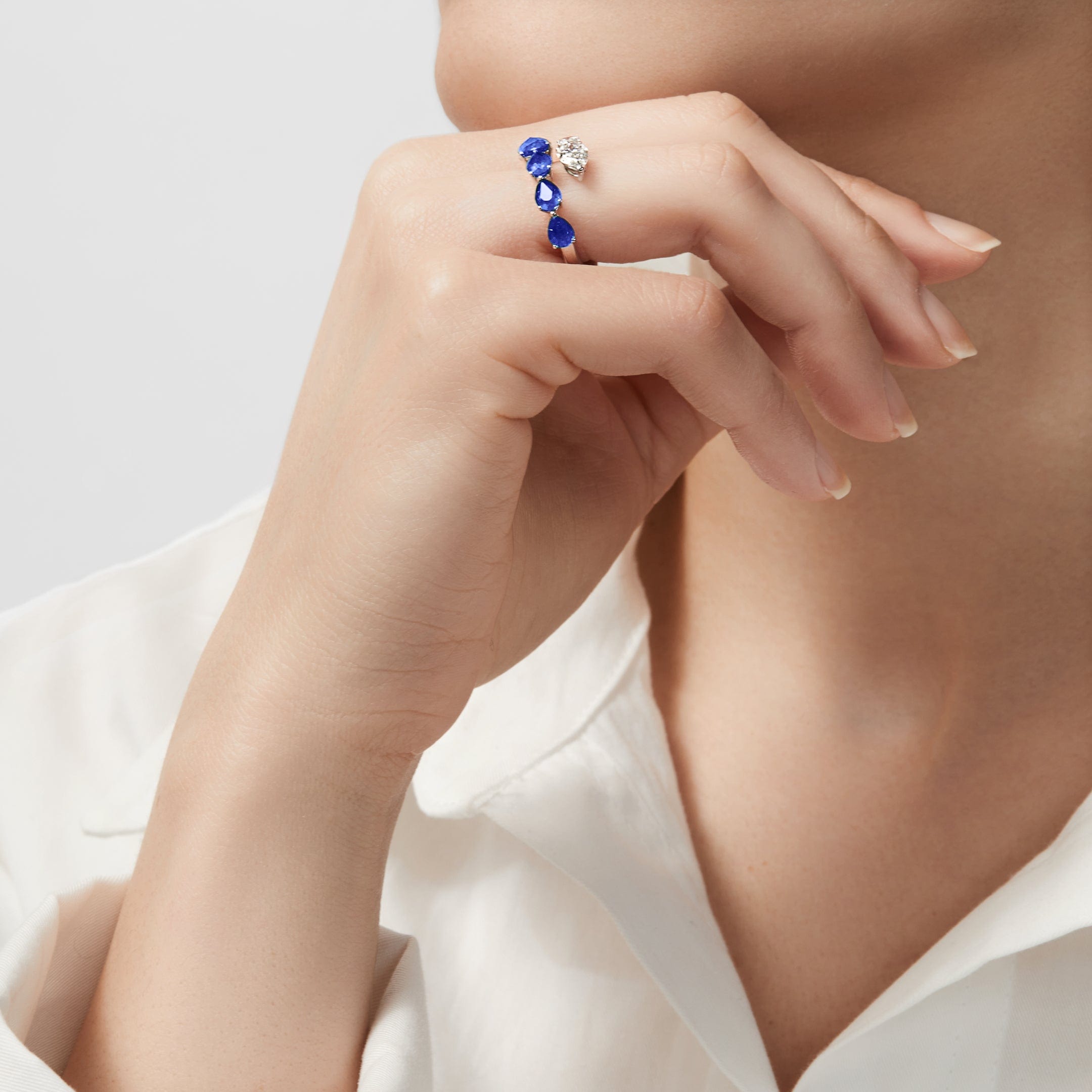 Diamond and Blue Sapphire Bypass Ring - Blue Sapphire and