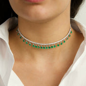 Diamond and Dangling Emerald Choker Necklace