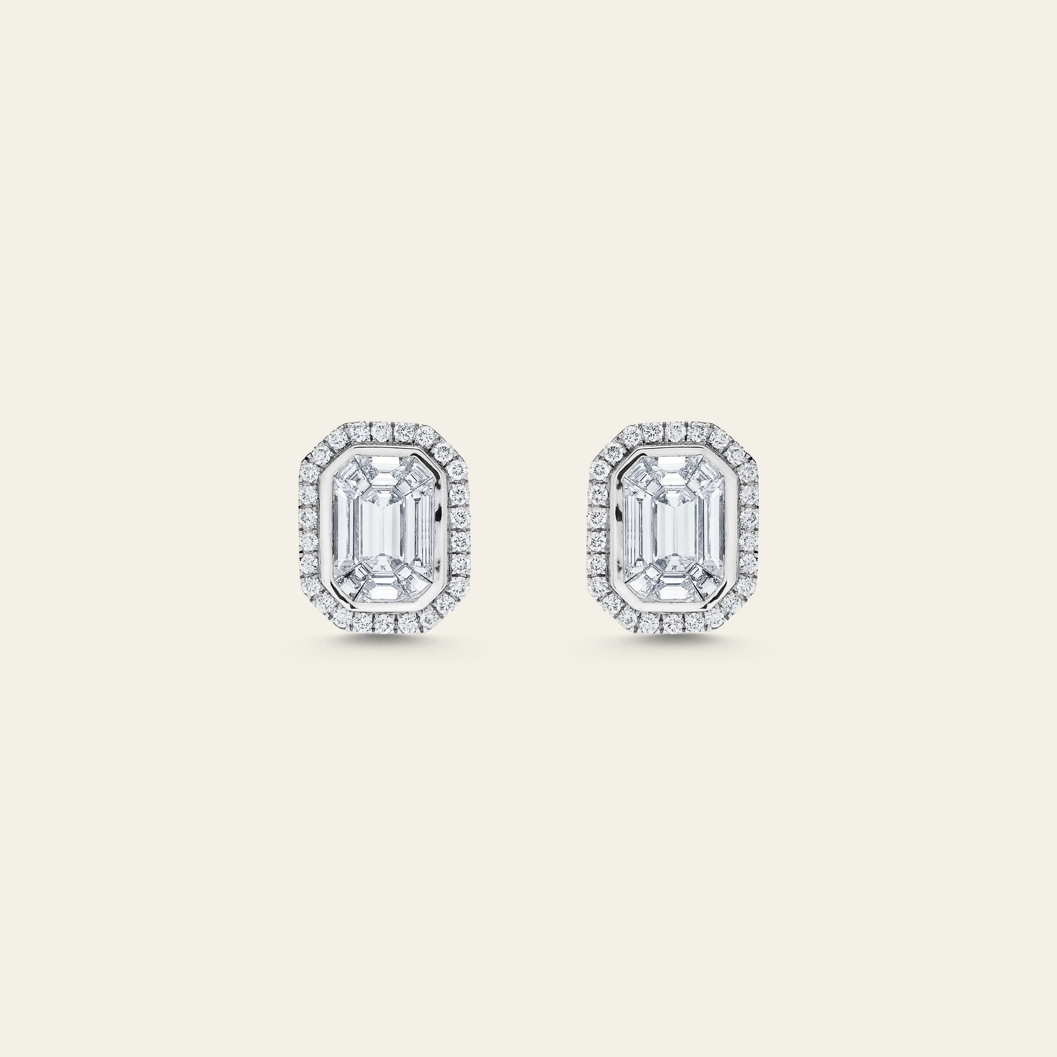 Emerald Illusion Diamond Halo Studs White Gold