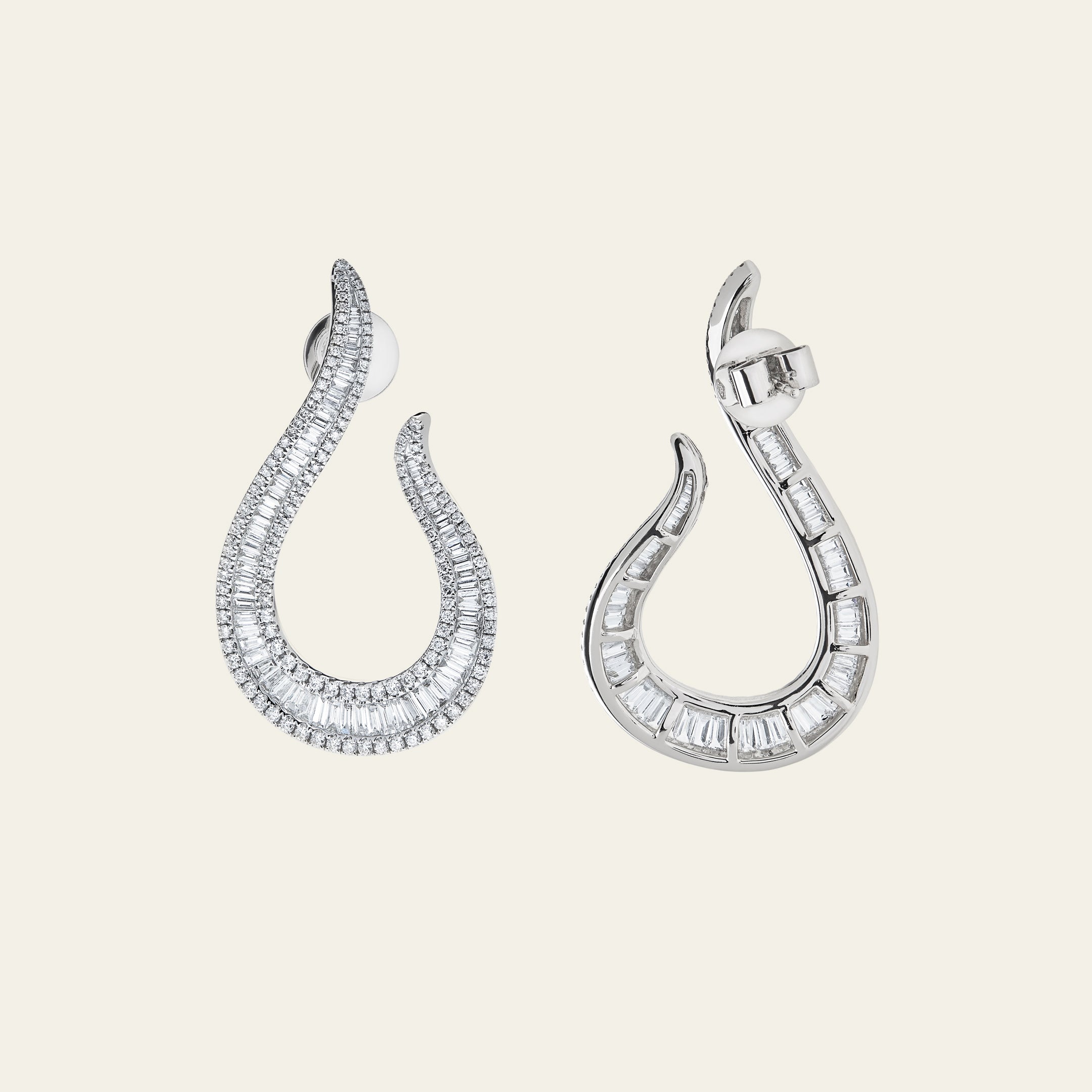 Baguette and Pave Diamond Drop White Gold Earrings