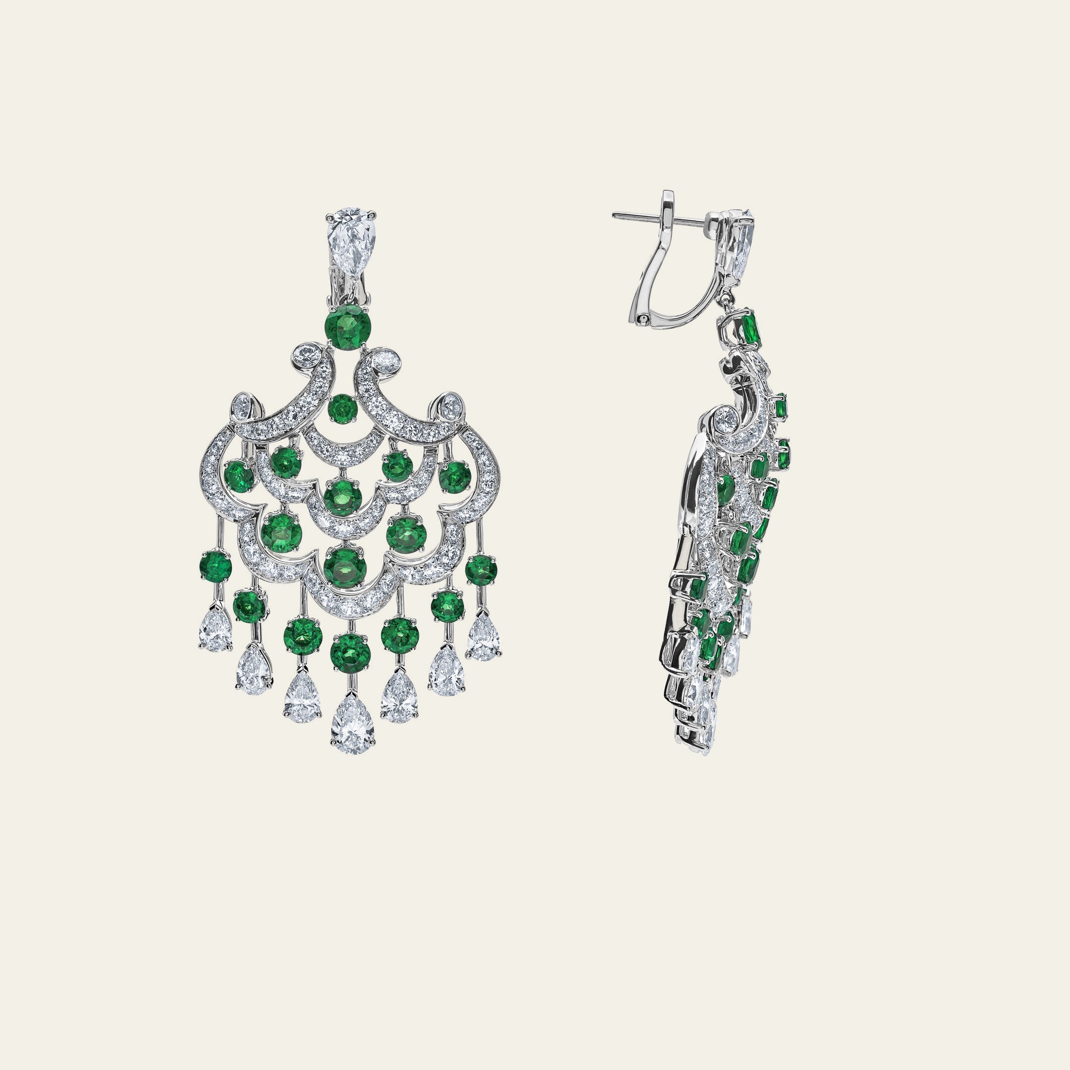 Graff White Gold Diamond and Emerald Chandelier Earrings