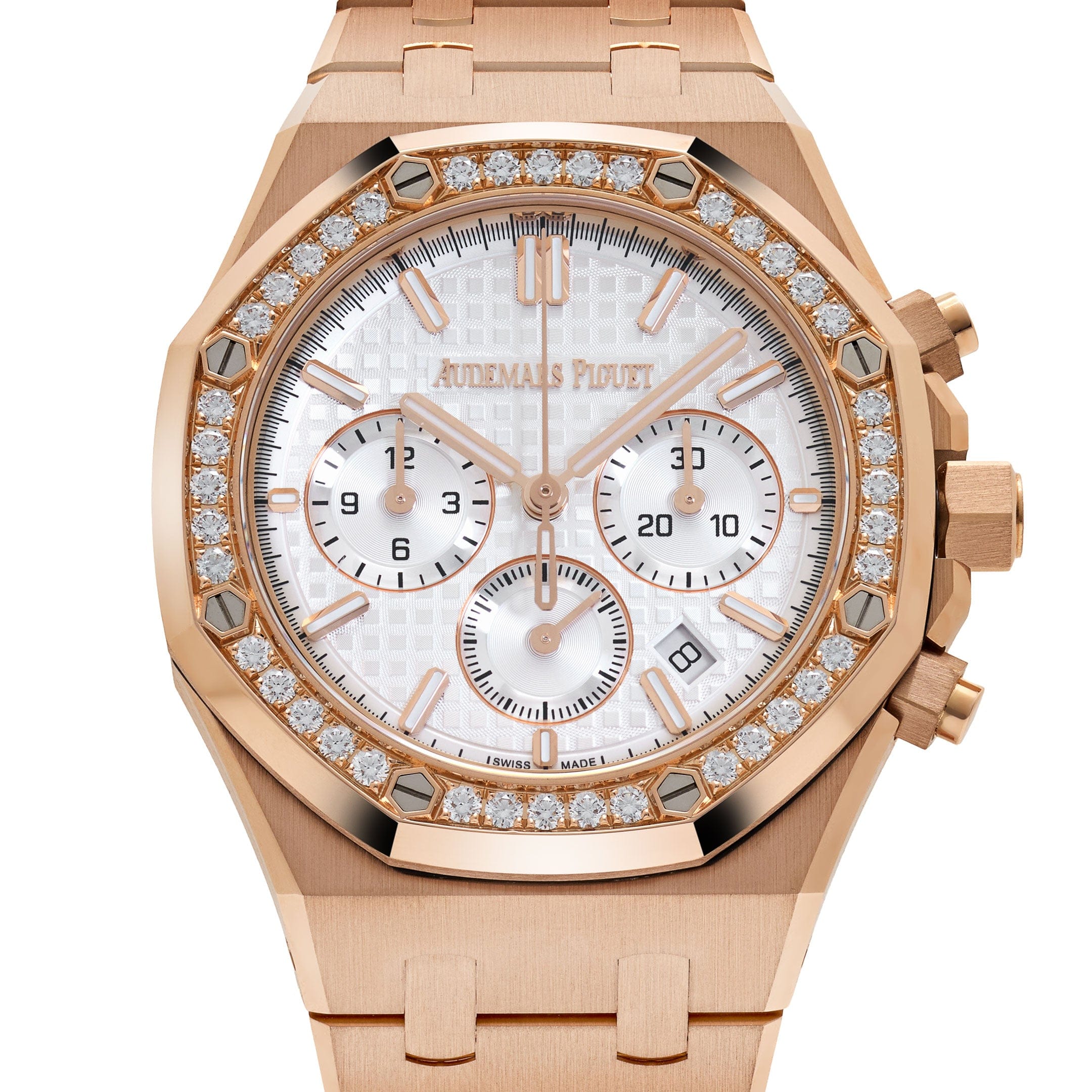 Audemars Piguet Royal Oak 26715OR.ZZ.1356OR.01 Chronograph Rose Gold Silver Dial Diamond Bezel (2025)