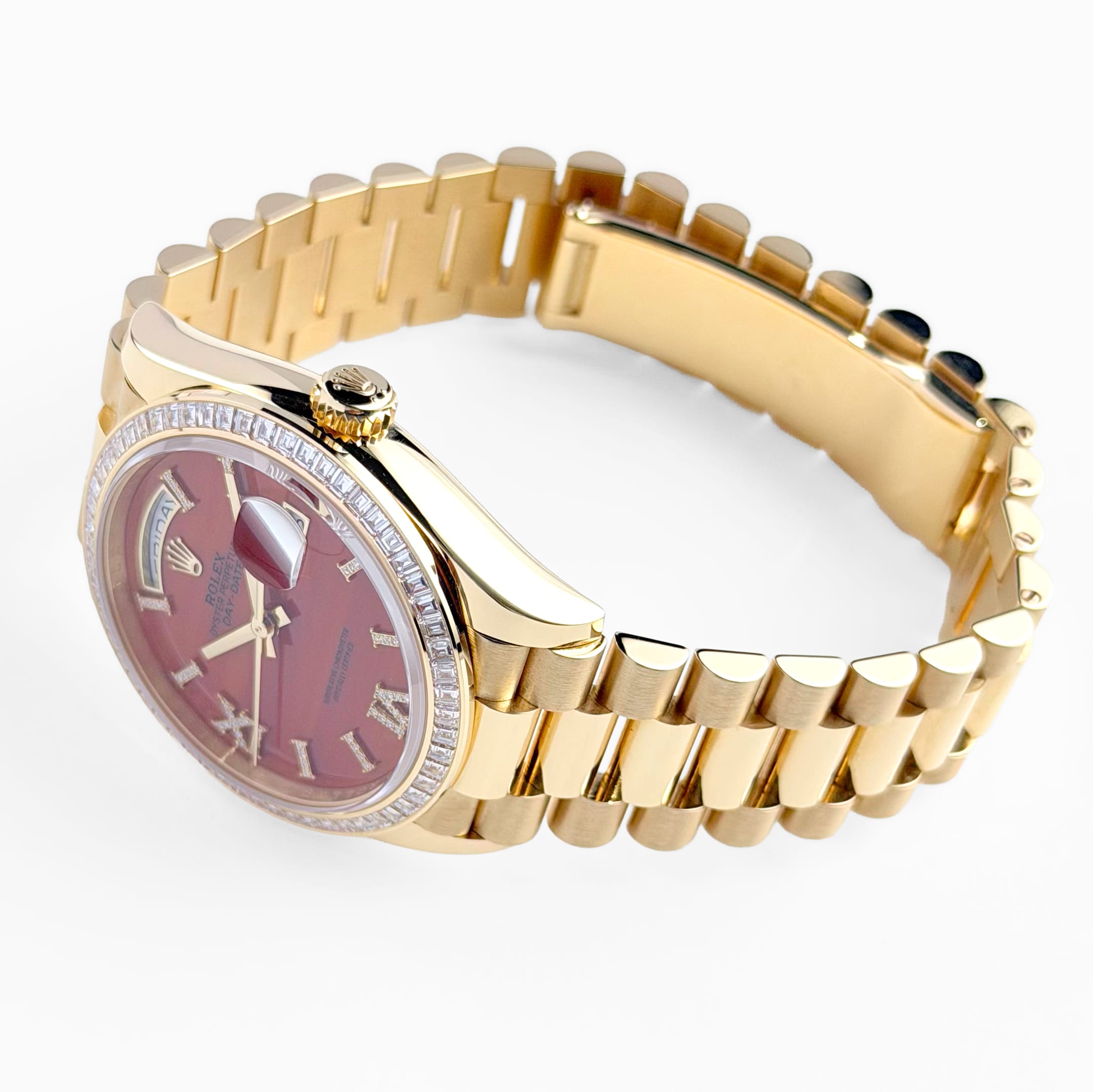 Rolex Day-Date 36 128398TBR Yellow Gold Carnelian Diamond Dial Diamond Bezel President (2025)