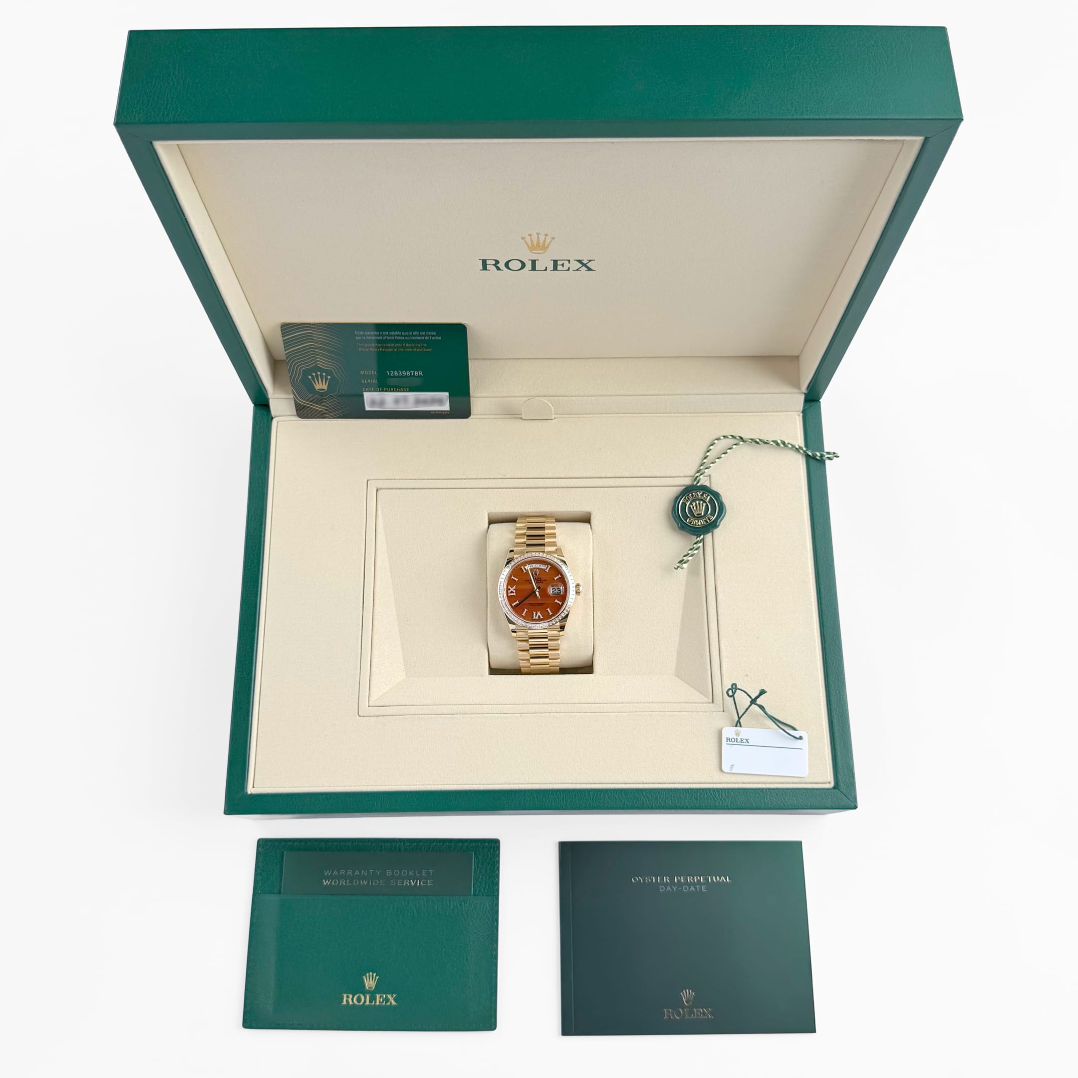 Rolex Day-Date 36 128398TBR Yellow Gold Carnelian Diamond Dial Diamond Bezel President (2025)