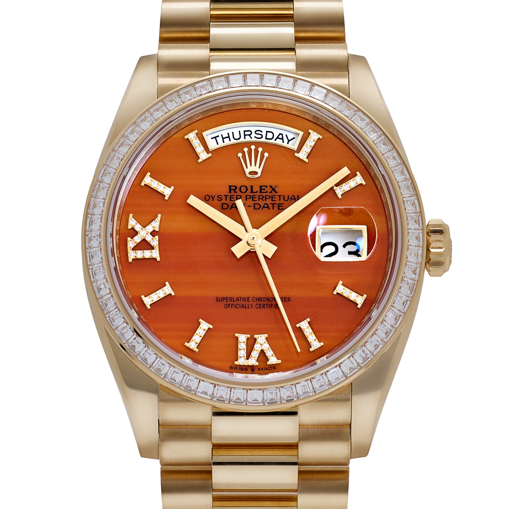 Rolex Day-Date 36 128398TBR Yellow Gold Carnelian Diamond Dial Diamond Bezel President (2025)